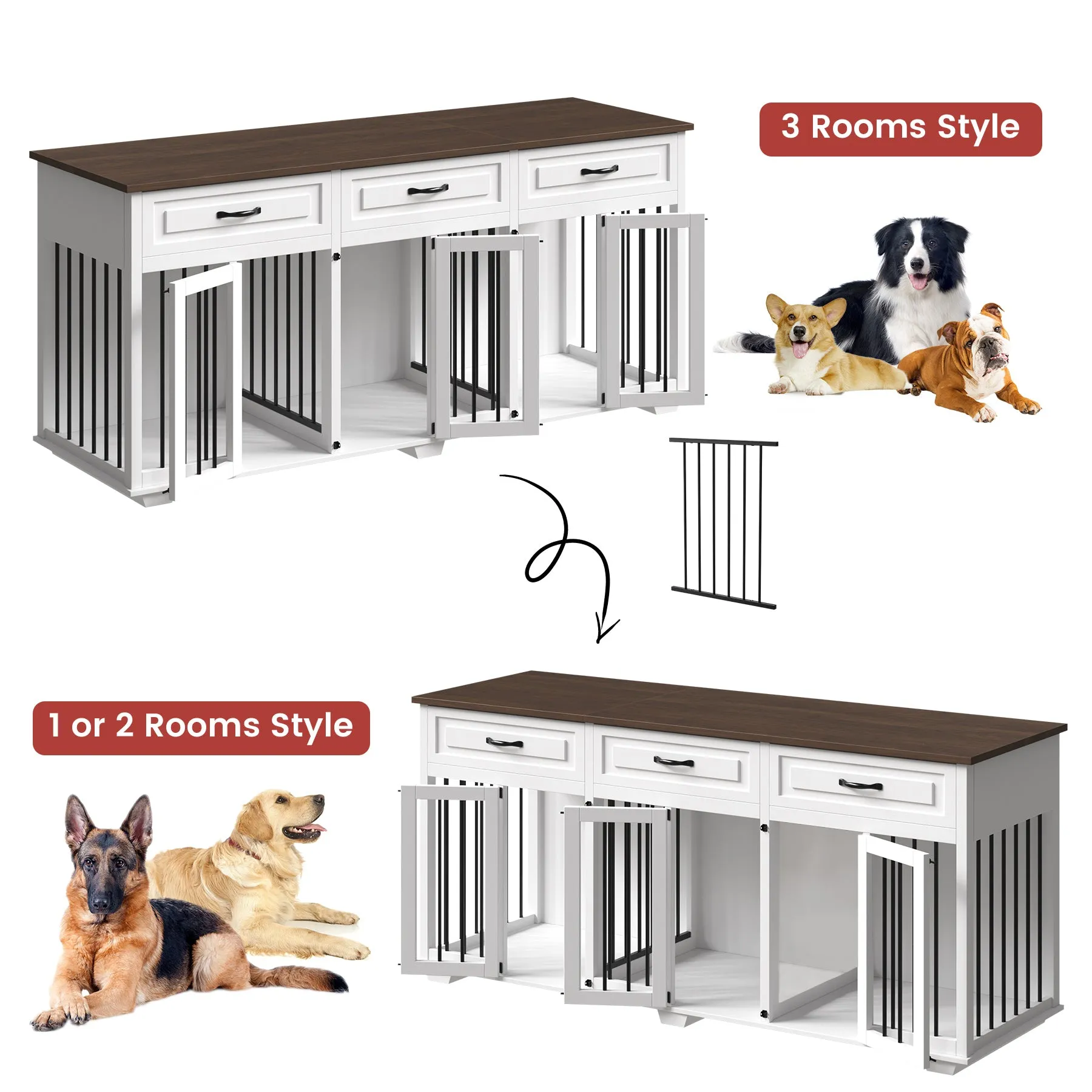 Heavy Duty Dog Crate with Room Dividers and 3 Drawers