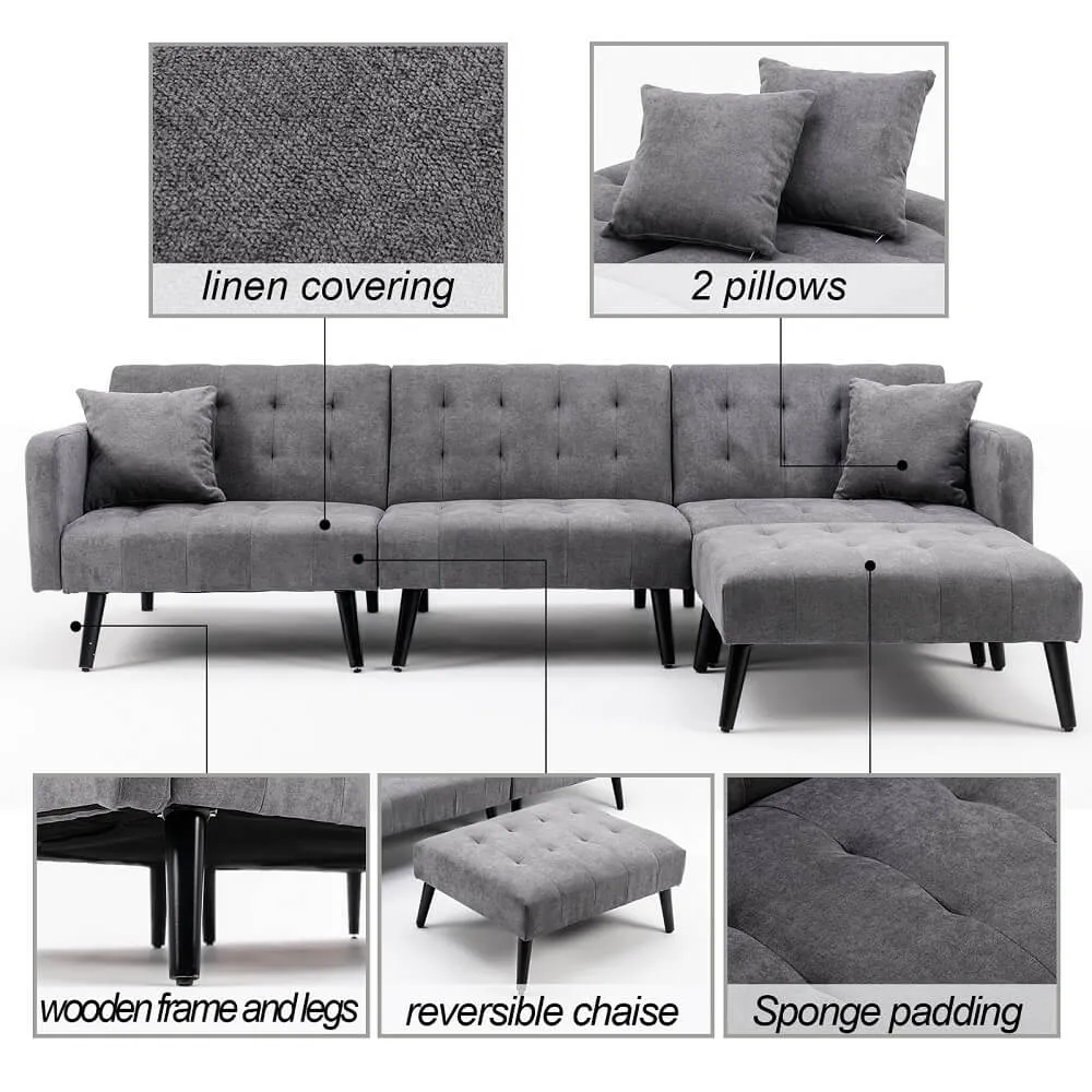 Homrest Linen Sectional Convertible Sofa Bed, L-Shaped Reversible Sleeper, Dark Grey