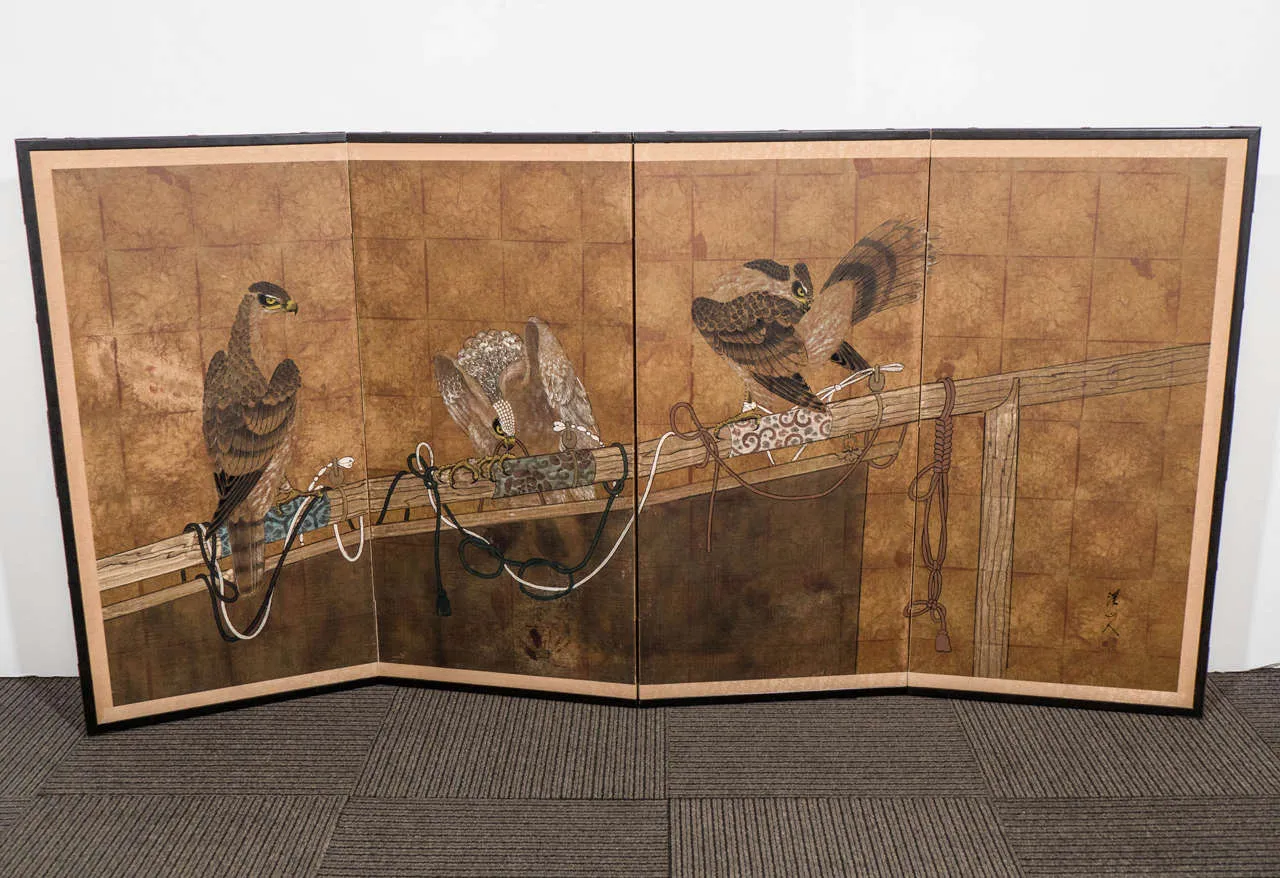 Japanese Four-Panel Screen with Painted Falcon Design, Early 20th Century