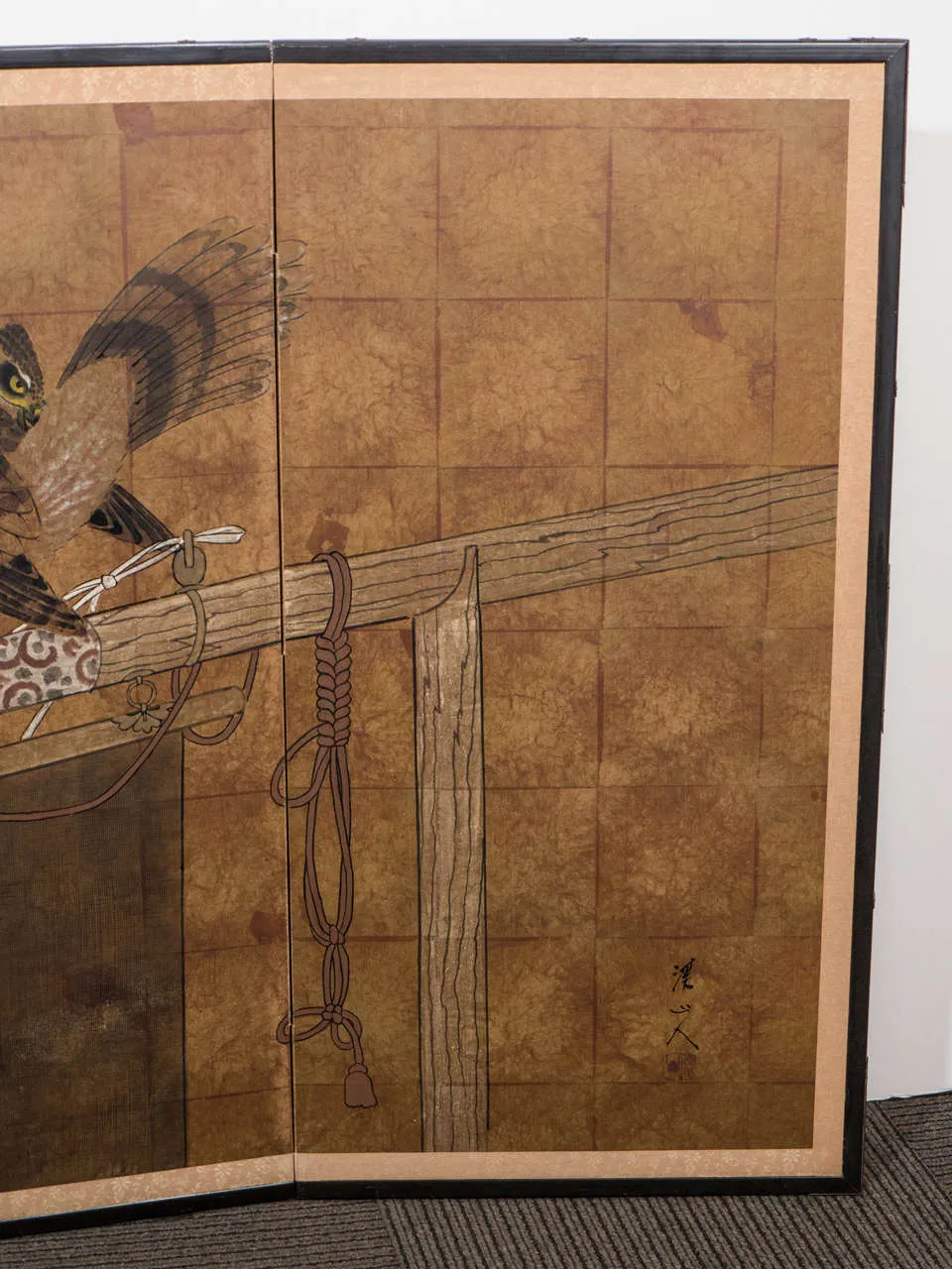 Japanese Four-Panel Screen with Painted Falcon Design, Early 20th Century