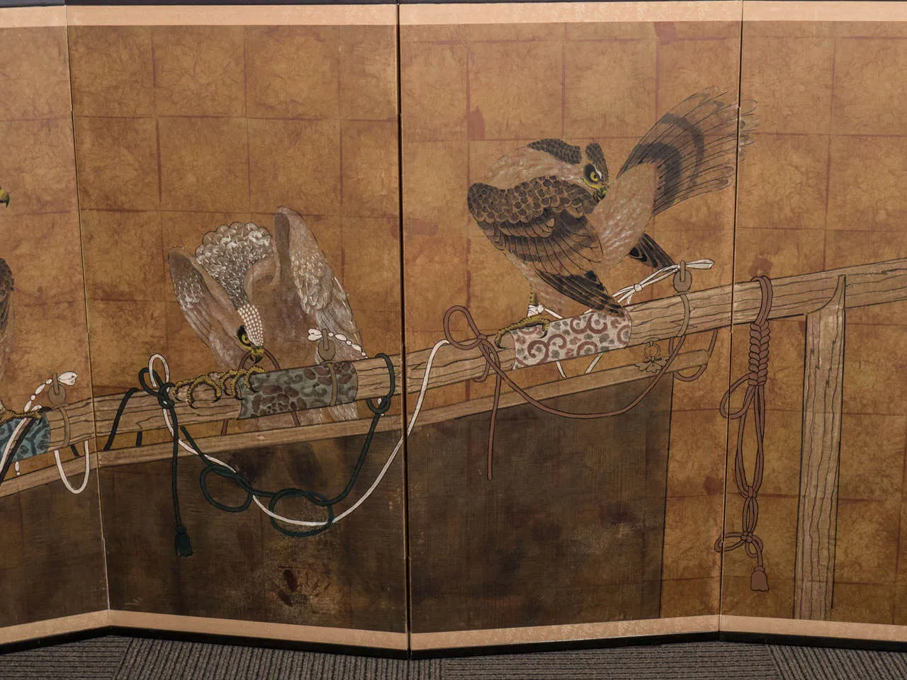 Japanese Four-Panel Screen with Painted Falcon Design, Early 20th Century