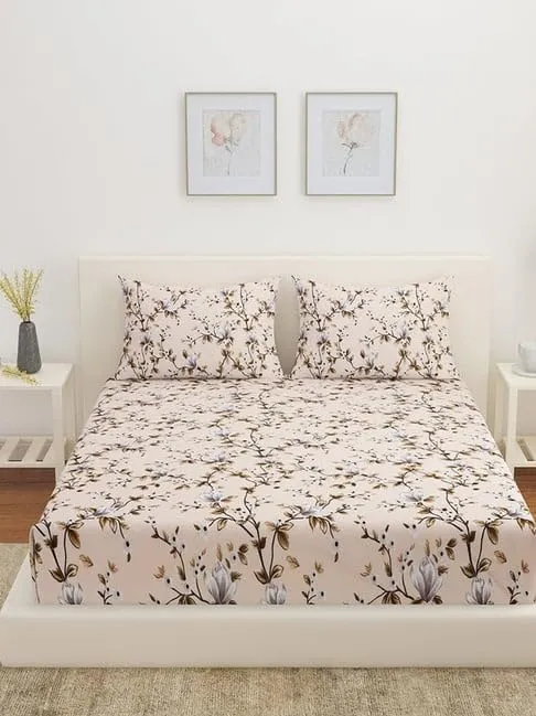 KESAR HOME Cotton Blend Floral Beige Double Bed Sheet with 2 Pillow Covers, 300TC (Beige)