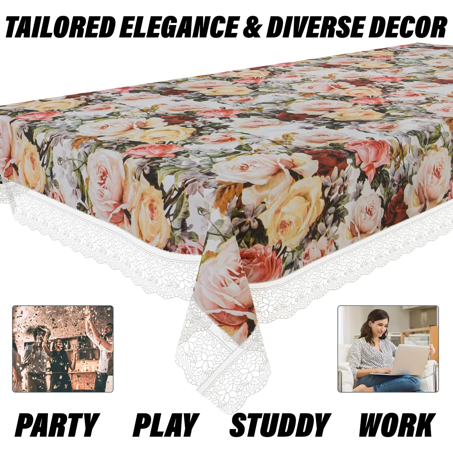 Kuber Industries Table Cover | PVC Dining Table Cover | Table Cloth | Center Table Cover | Table Cover for Kitchen Table | Rose Table Cover for Hall Décor | 48x60 Inch | White