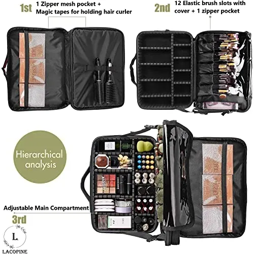 LACOPINE Portable 29 Cms Cosmetic Organizer with Shoulder Straps Multi Functional Cosmetic Bag Makeup Handbag for Travel & Home Gift (Black)