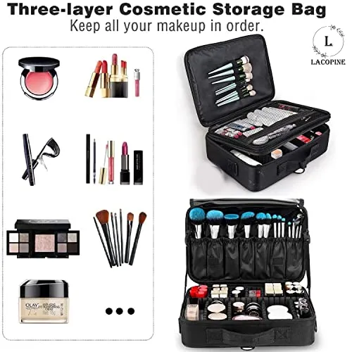 LACOPINE Portable 29 Cms Cosmetic Organizer with Shoulder Straps Multi Functional Cosmetic Bag Makeup Handbag for Travel & Home Gift (Black)