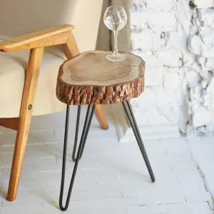 Latest Handcrafts Rustic Wooden End Table | Versatile Sofa Side Table, Coffee Table, or Plant Stand | Tree Slice Bark Look Metal Legs Stool | 12 x 12 x 18 inches | Perfect Home and Office Decor Piece