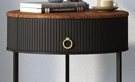 Luxurious Round Iron Side Table with Wooden Top and Drawer - Space Saving