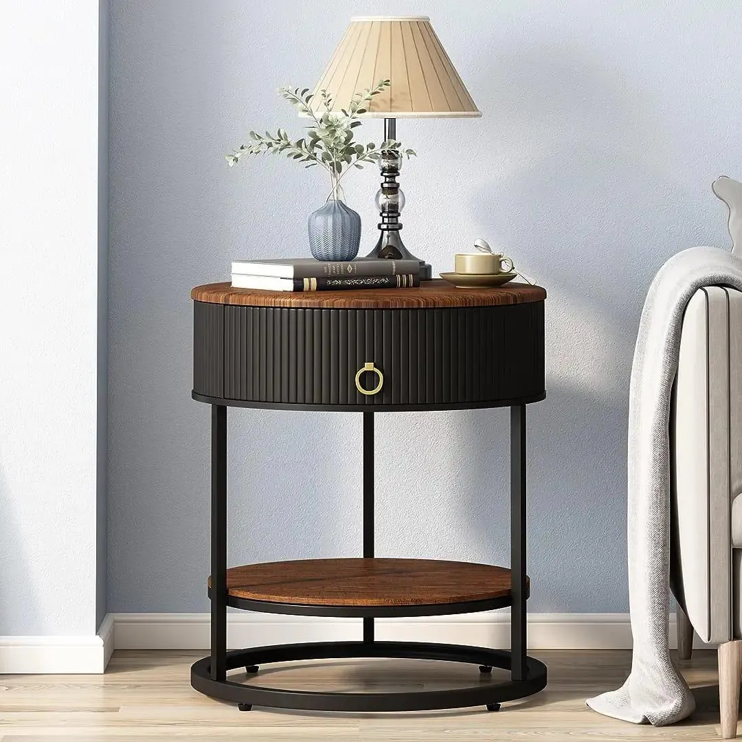 Luxurious Round Iron Side Table with Wooden Top and Drawer - Space Saving