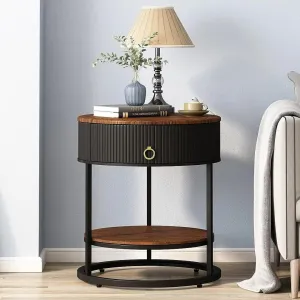 Luxurious Round Iron Side Table with Wooden Top and Drawer - Space Saving