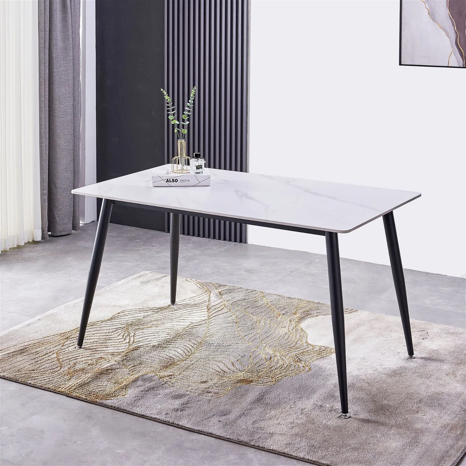 Mendy White Sintered Stone Dining Table with Metal Legs by Criterion™