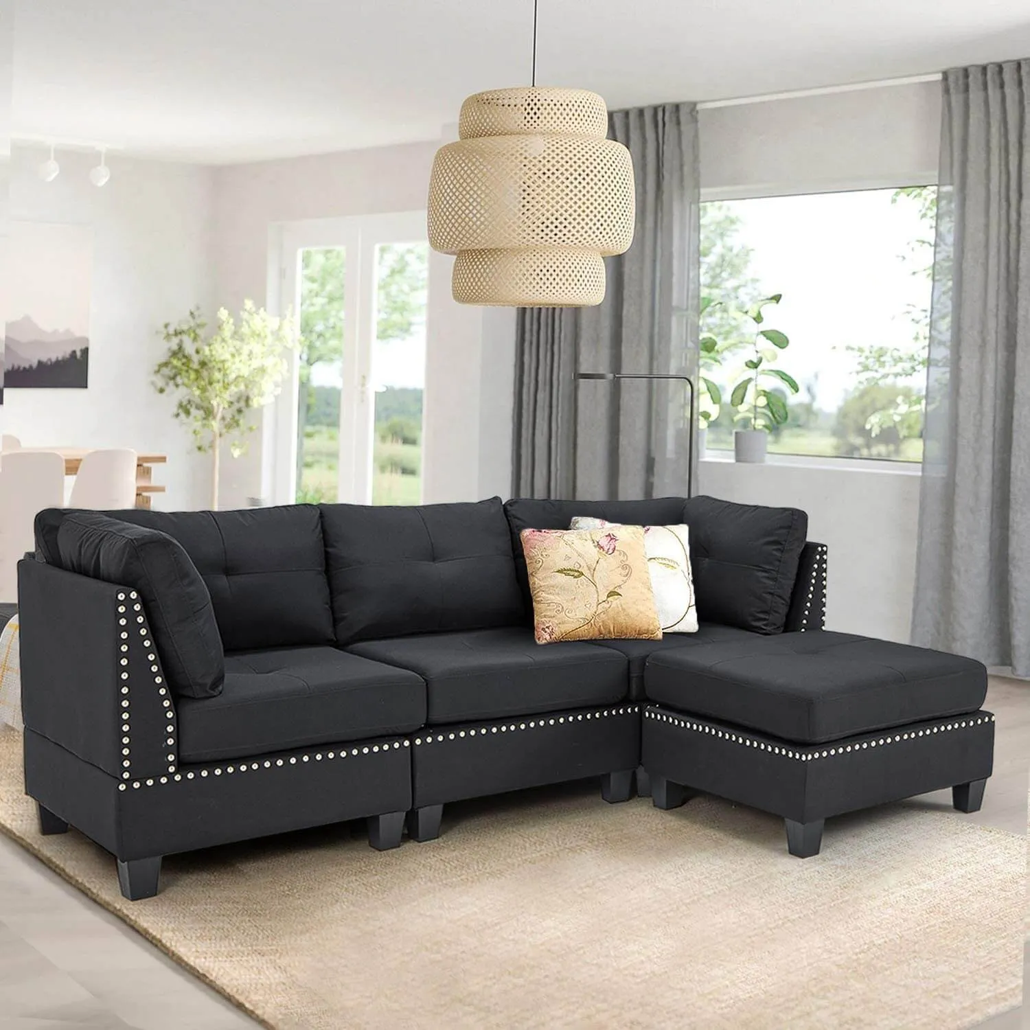 Modern Tufted Linen L-Shaped Convertible Sectional Sofa Couch with Ottoman, Black