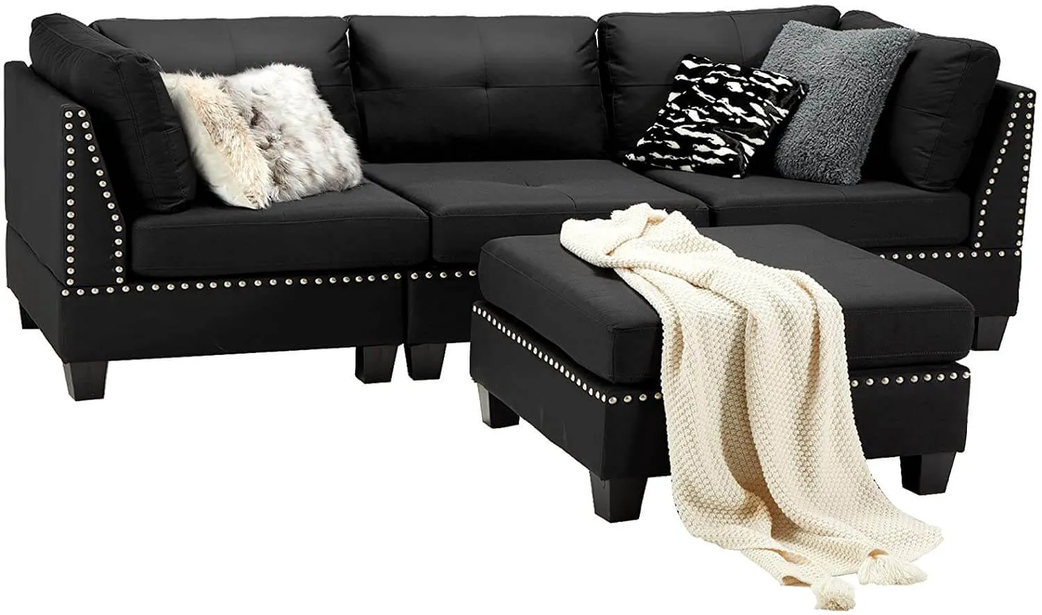 Modern Tufted Linen L-Shaped Convertible Sectional Sofa Couch with Ottoman, Black