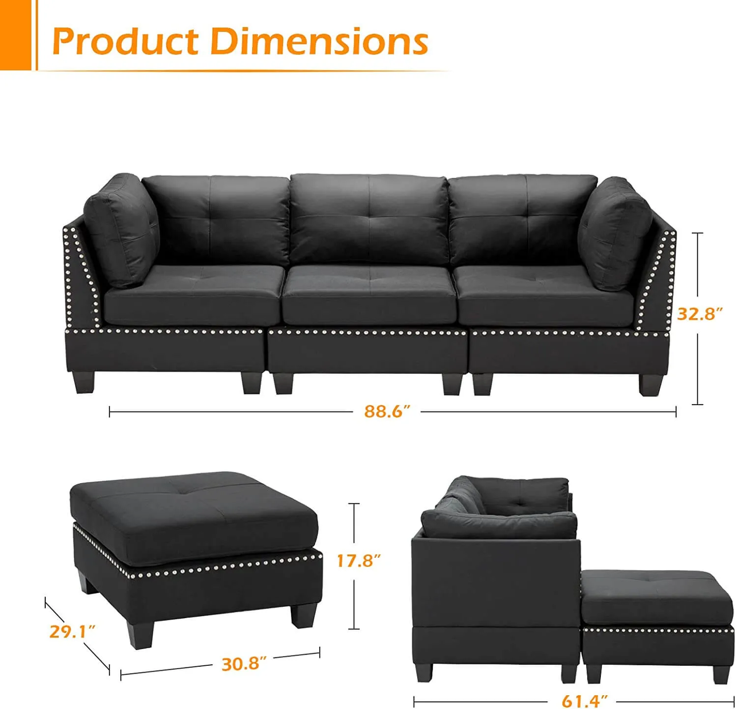 Modern Tufted Linen L-Shaped Convertible Sectional Sofa Couch with Ottoman, Black