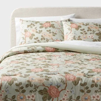 New - Full/Queen Traditional Floral Print Comforter and Sham Set Light Sage Green/Light Pink/White - Threshold