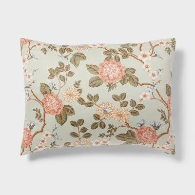 New - Full/Queen Traditional Floral Print Comforter and Sham Set Light Sage Green/Light Pink/White - Threshold