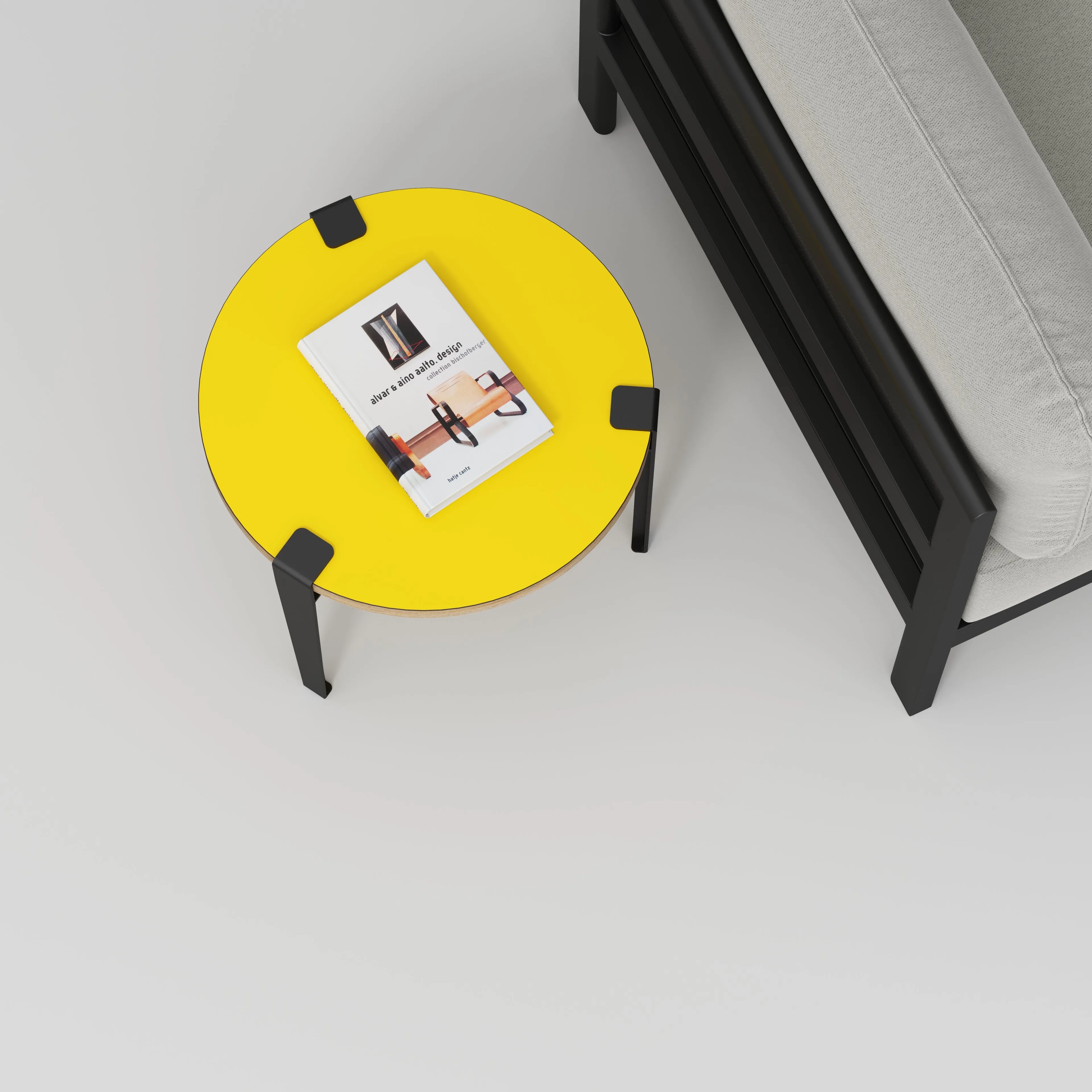 Plywood Round Side Table with Black Tiptoe Legs - Formica Chrome Yellow - 500(dia) x 430(h)