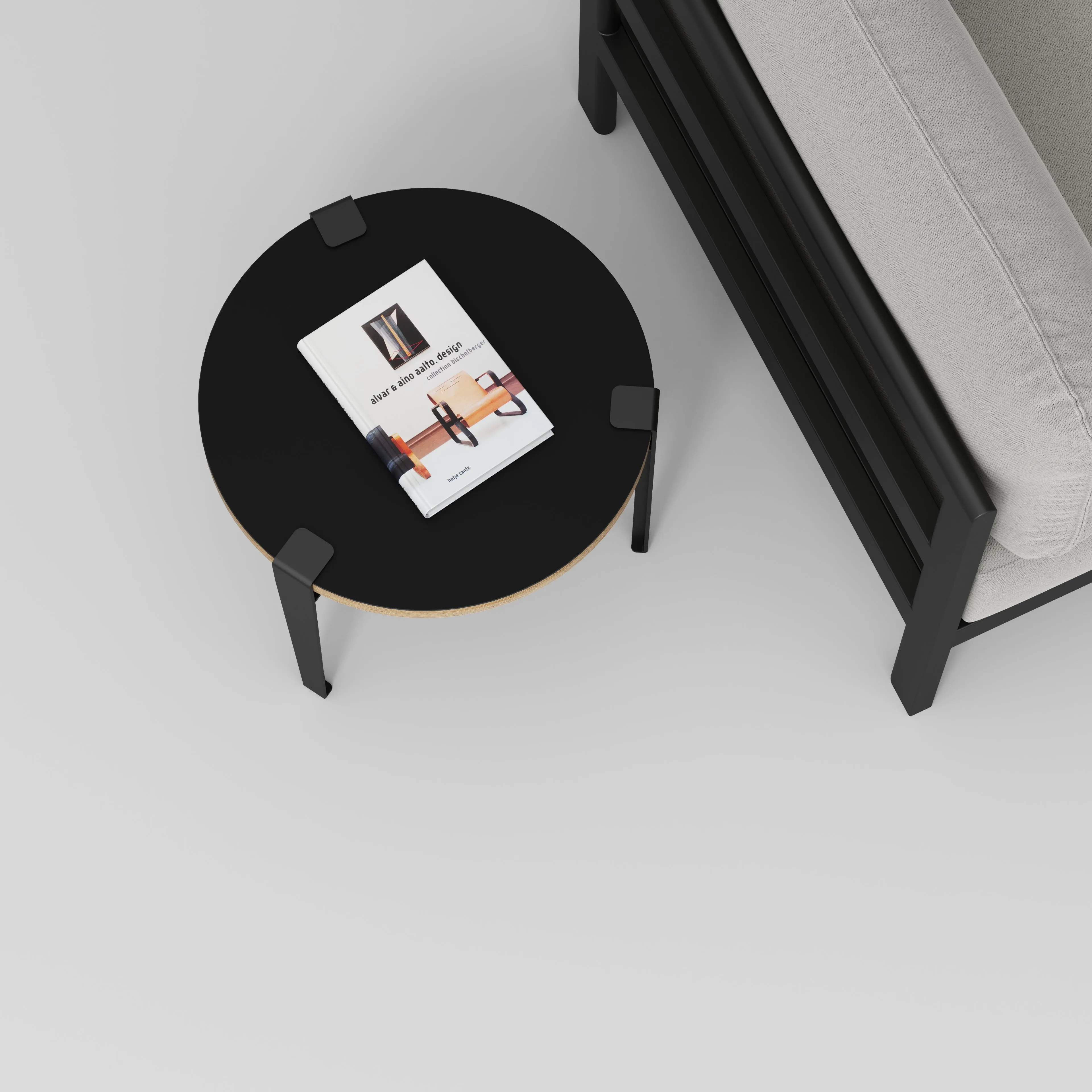 Plywood Round Side Table with Black Tiptoe Legs - Formica Diamond Black - 500(dia) x 430(h)