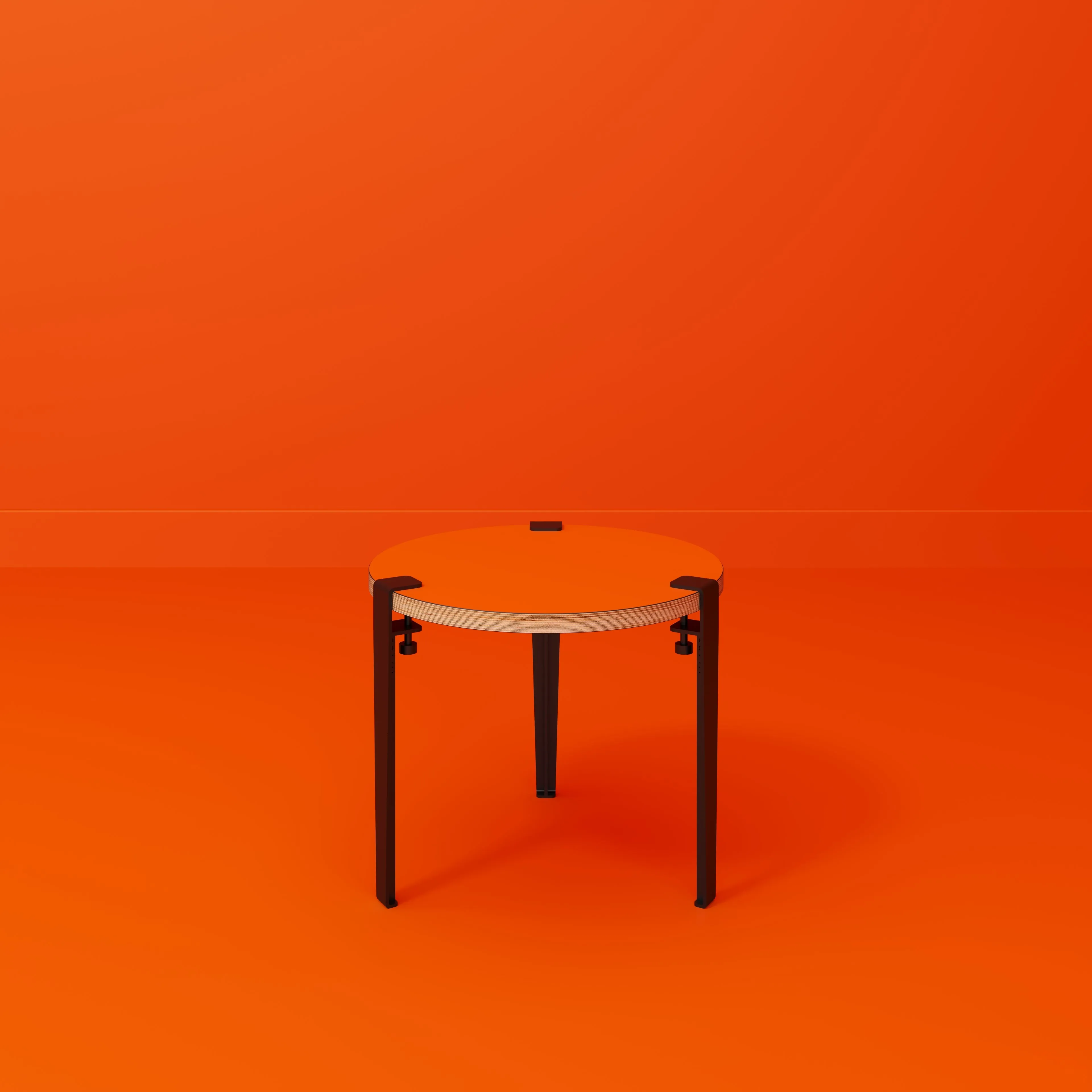 Plywood Round Side Table with Black Tiptoe Legs - Formica Levante Orange - 500(dia) x 430(h)