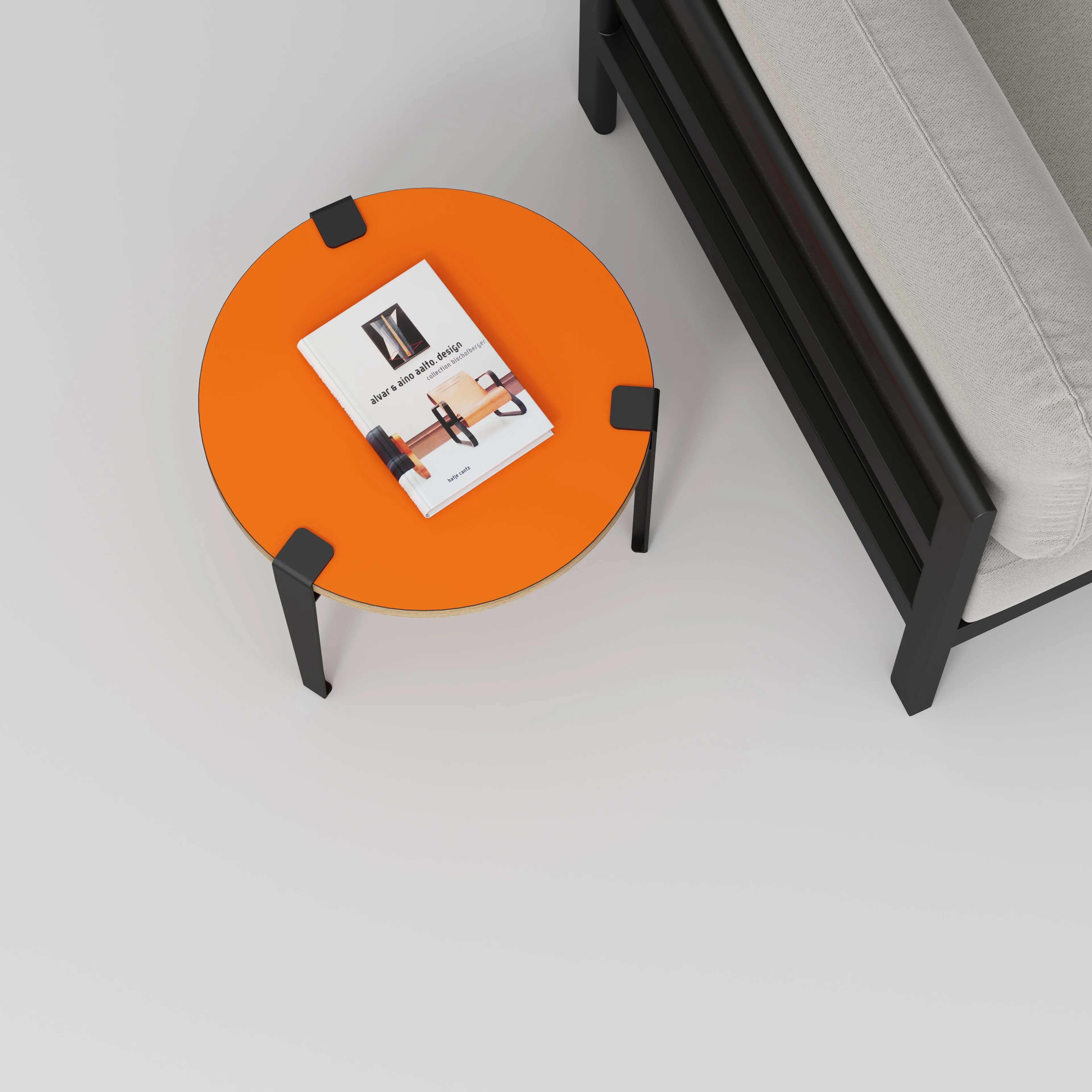 Plywood Round Side Table with Black Tiptoe Legs - Formica Levante Orange - 500(dia) x 430(h)