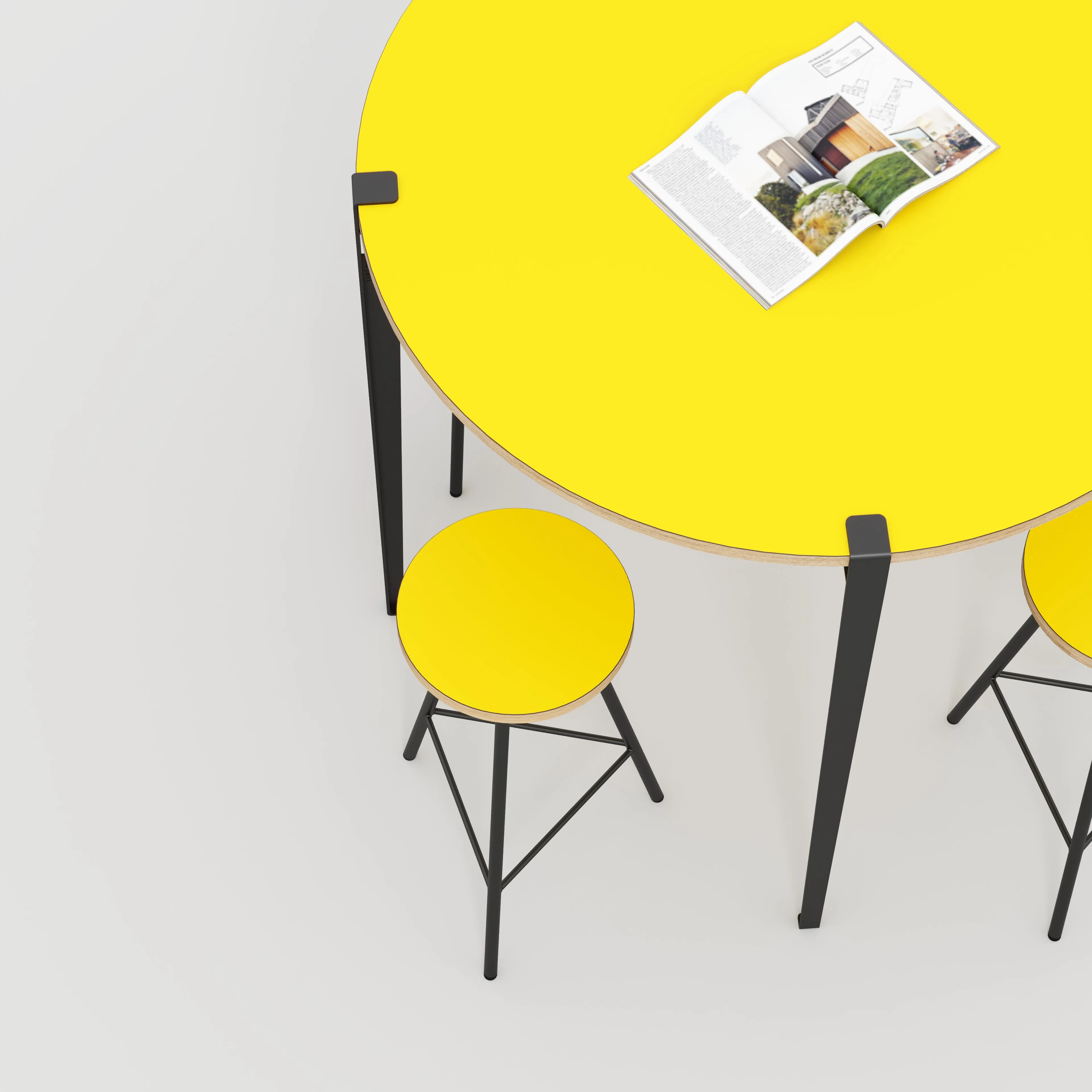 Plywood Round Table with Black Tiptoe Legs - Formica Chrome Yellow - 1200(dia) x 1100(h)