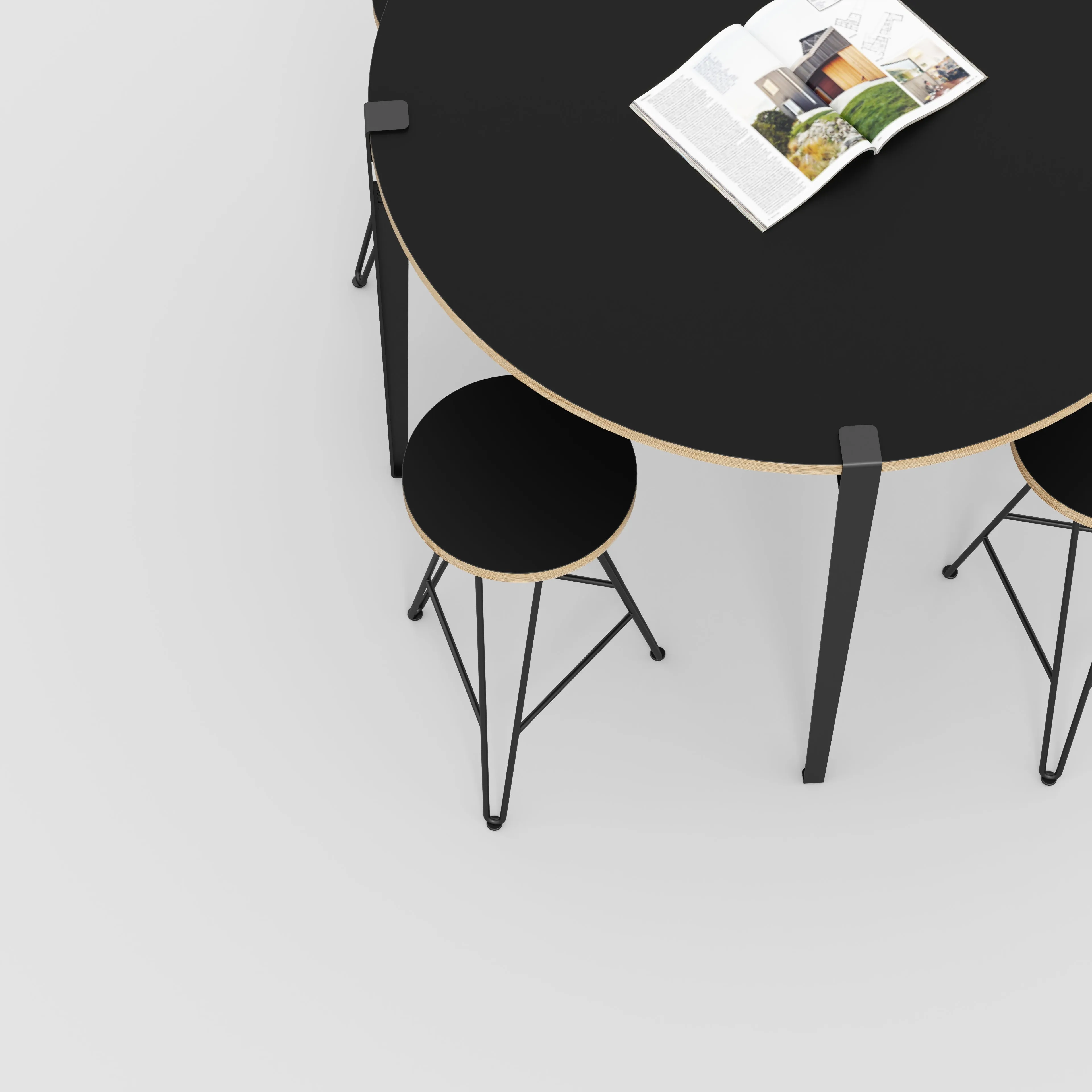 Plywood Round Table with Black Tiptoe Legs - Formica Diamond Black - 1200(dia) x 900(h)