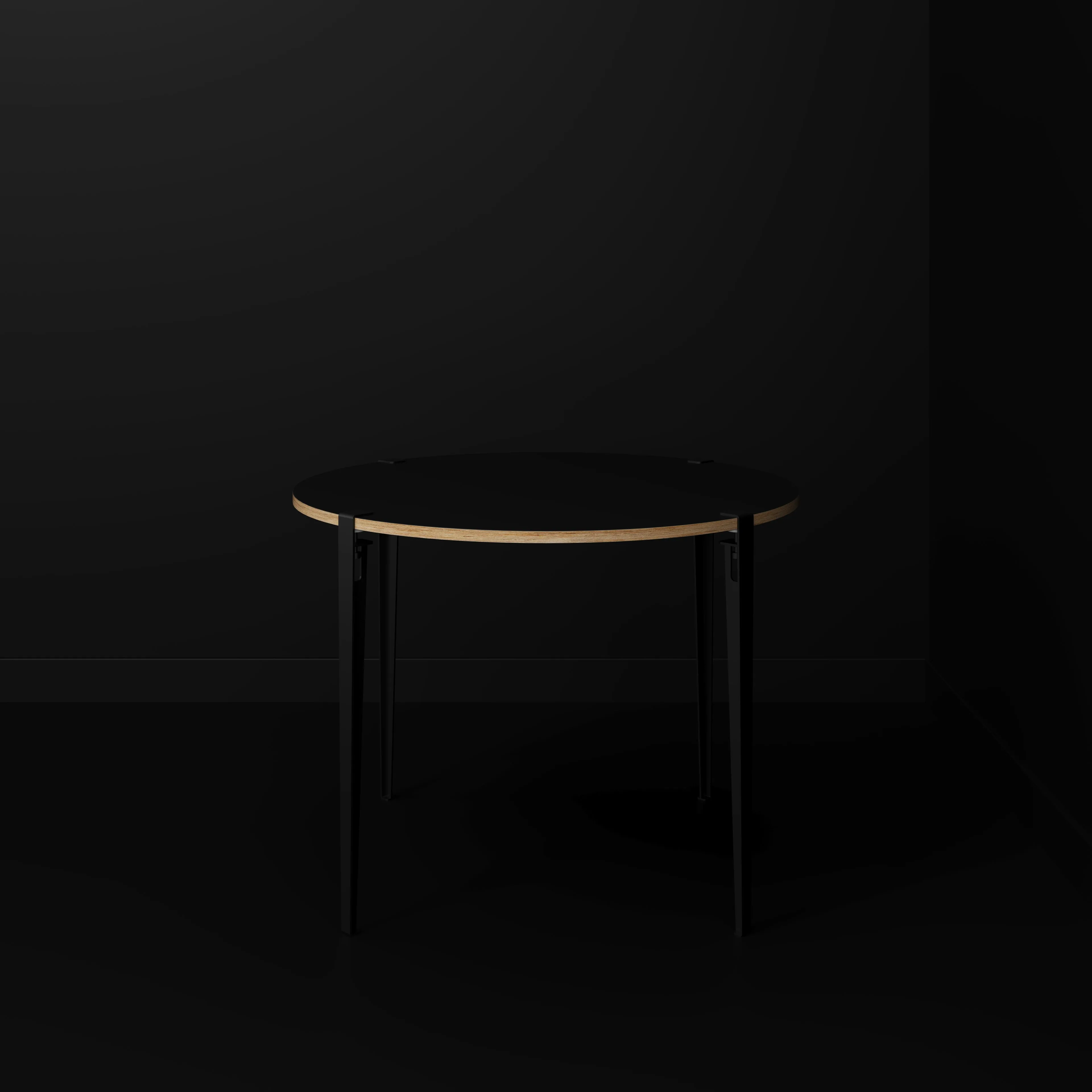 Plywood Round Table with Black Tiptoe Legs - Formica Diamond Black - 1200(dia) x 900(h)