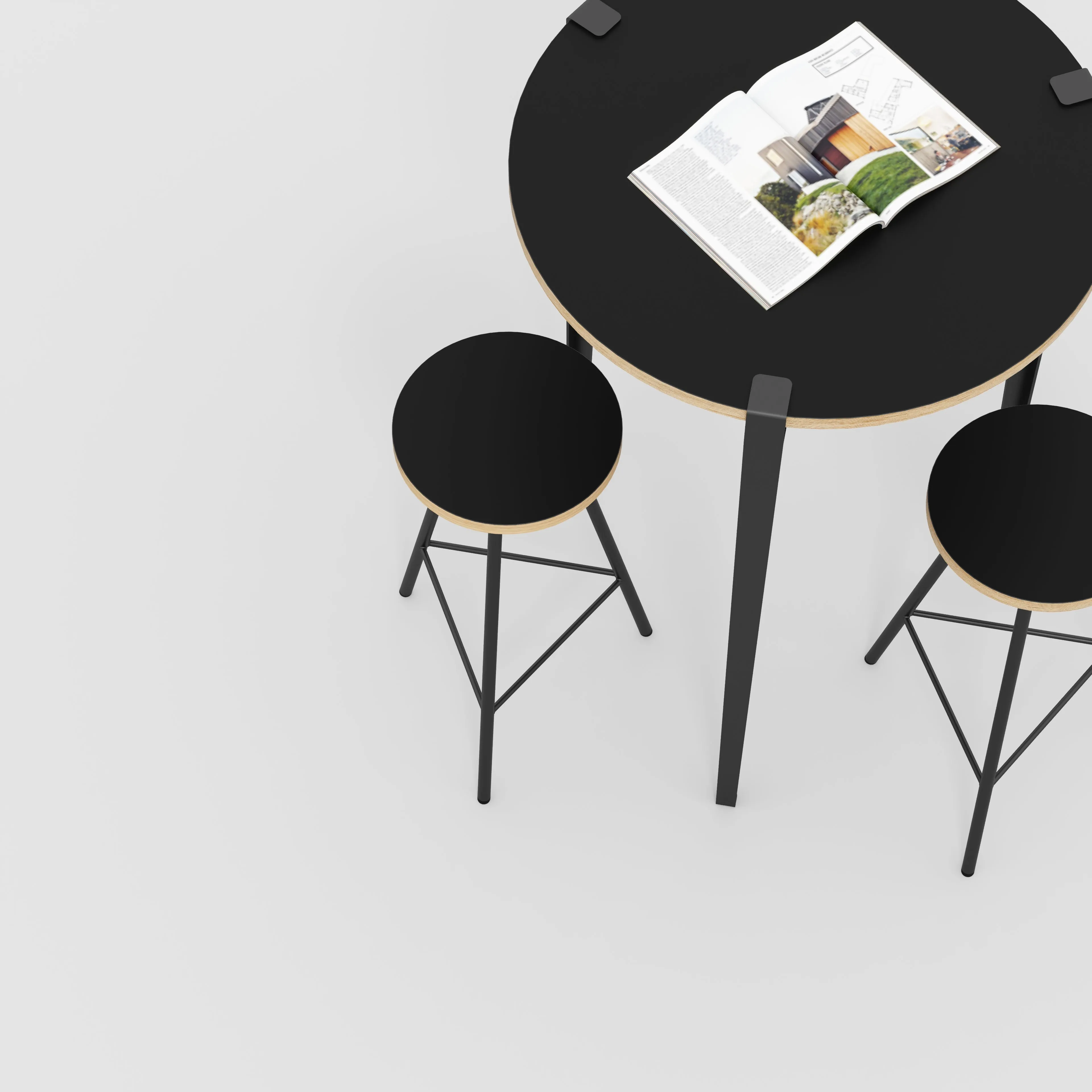 Plywood Round Table with Black Tiptoe Legs - Formica Diamond Black - 800(dia) x 1100(h)