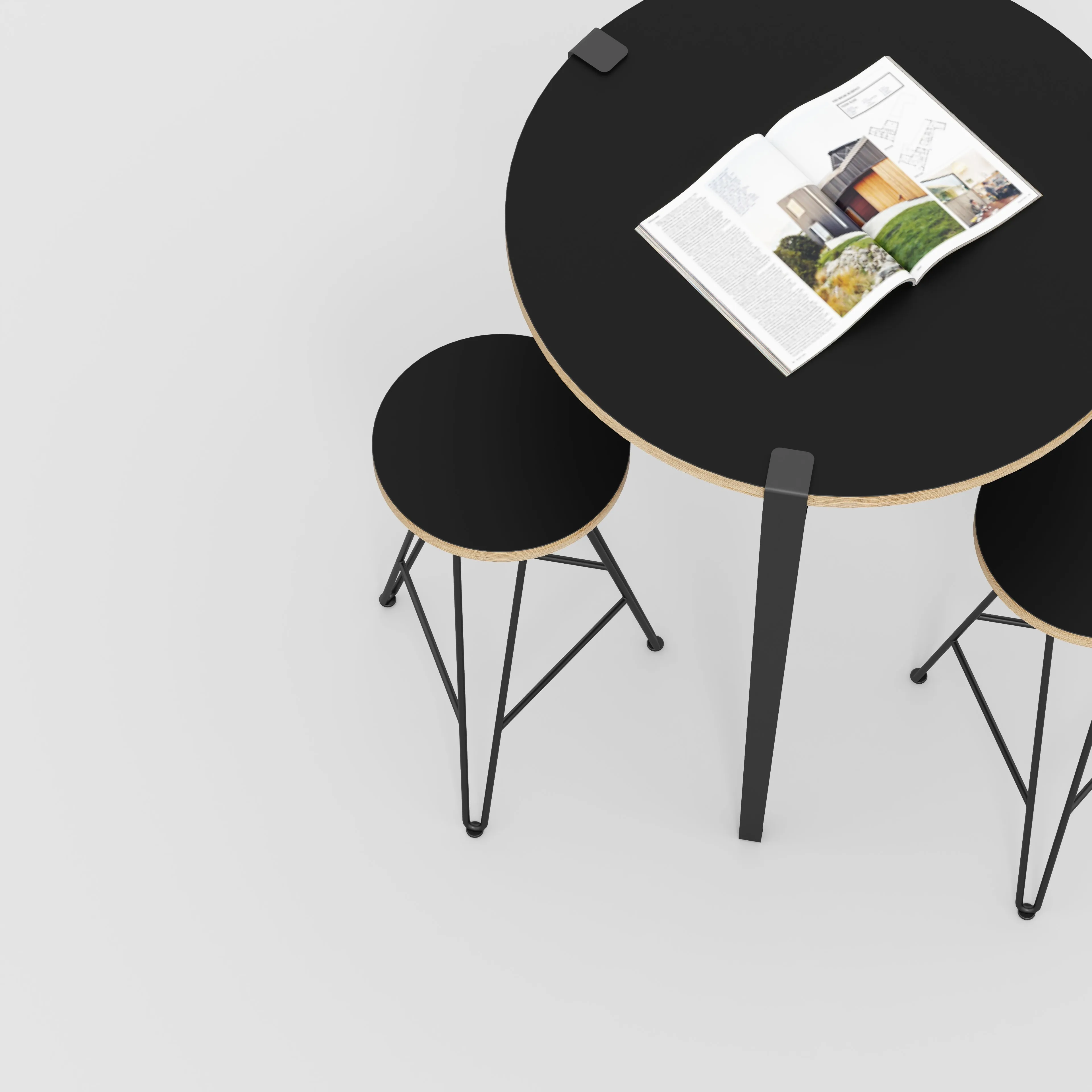 Plywood Round Table with Black Tiptoe Legs - Formica Diamond Black - 800(dia) x 900(h)