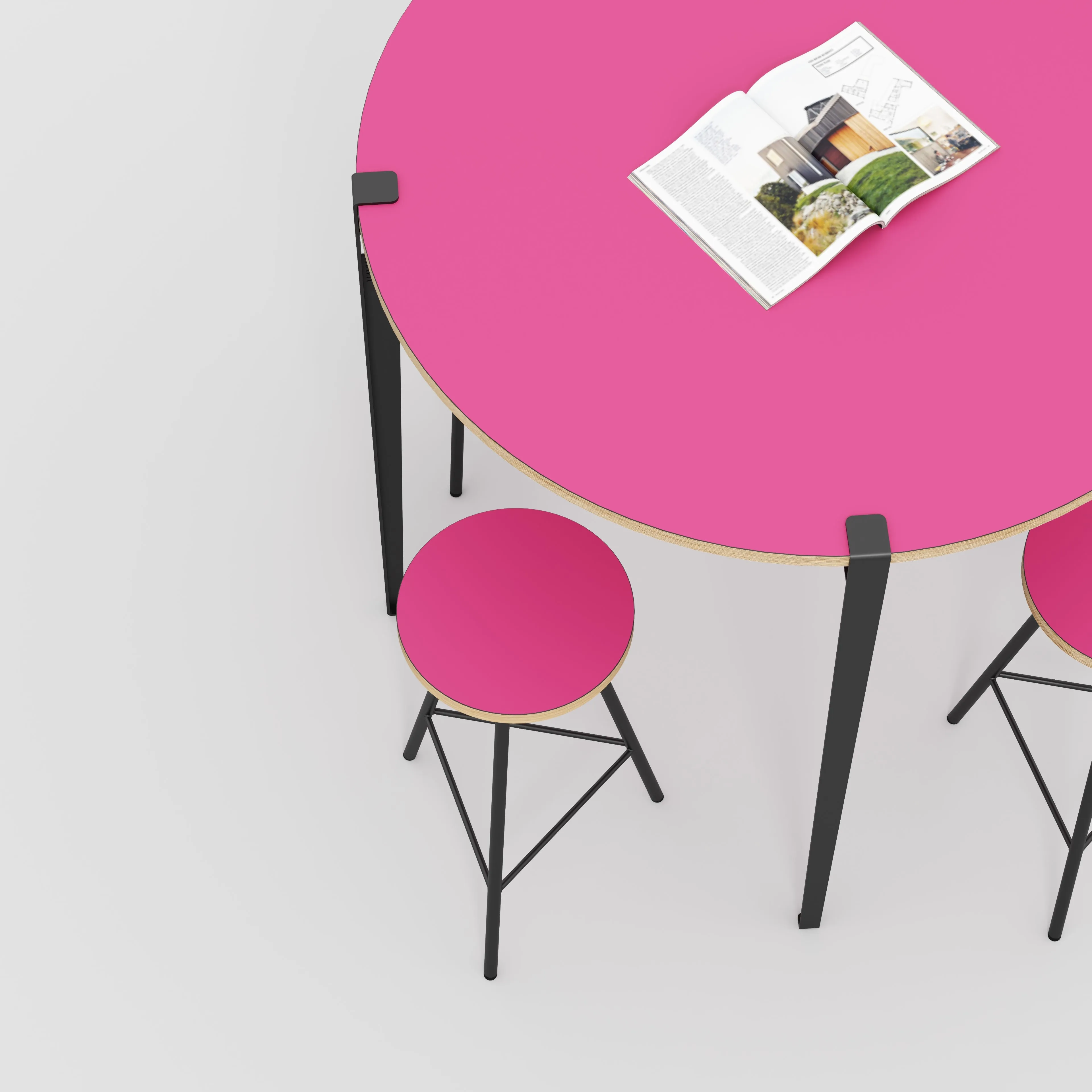 Plywood Round Table with Black Tiptoe Legs - Formica Juicy Pink - 1200(dia) x 1100(h)