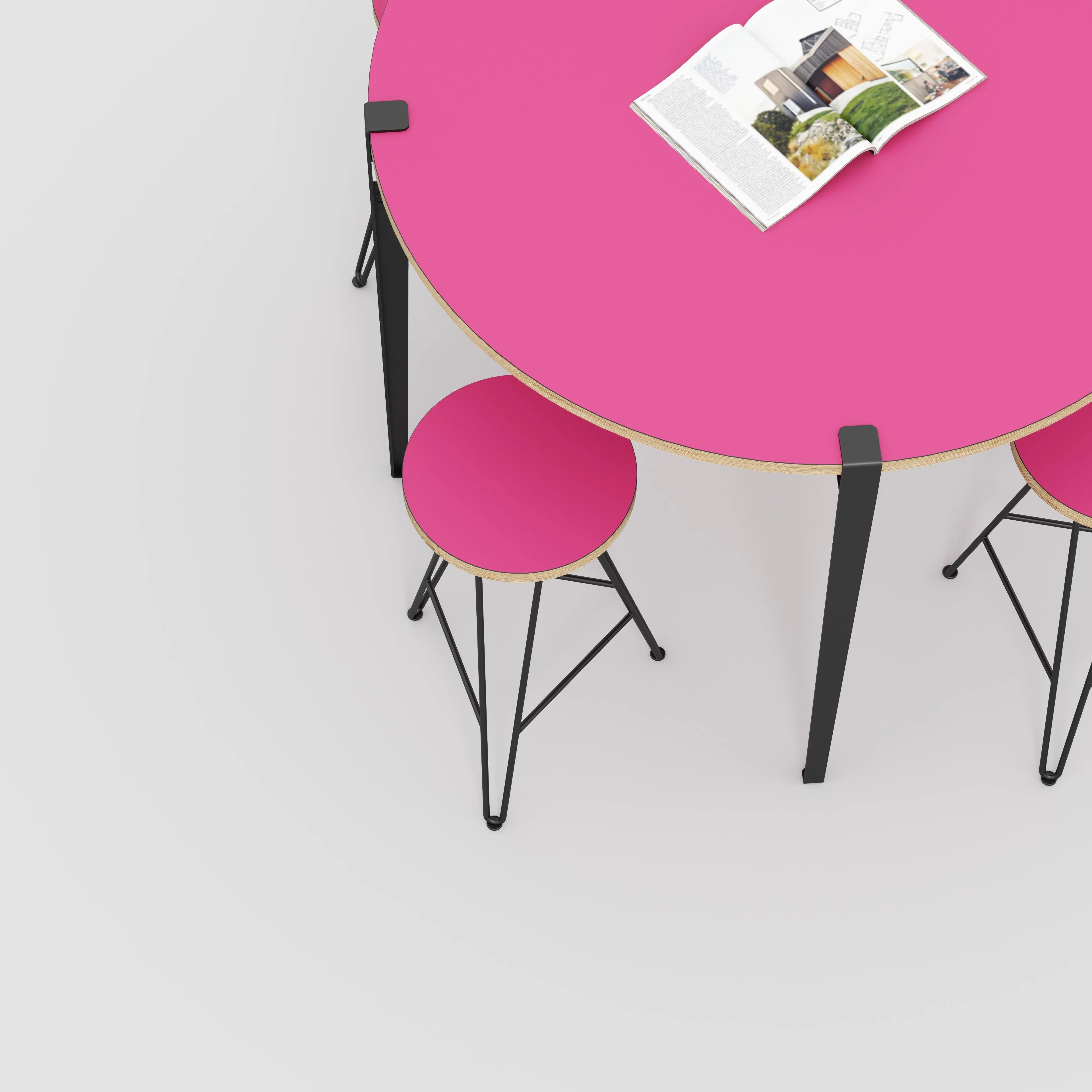 Plywood Round Table with Black Tiptoe Legs - Formica Juicy Pink - 1200(dia) x 900(h)