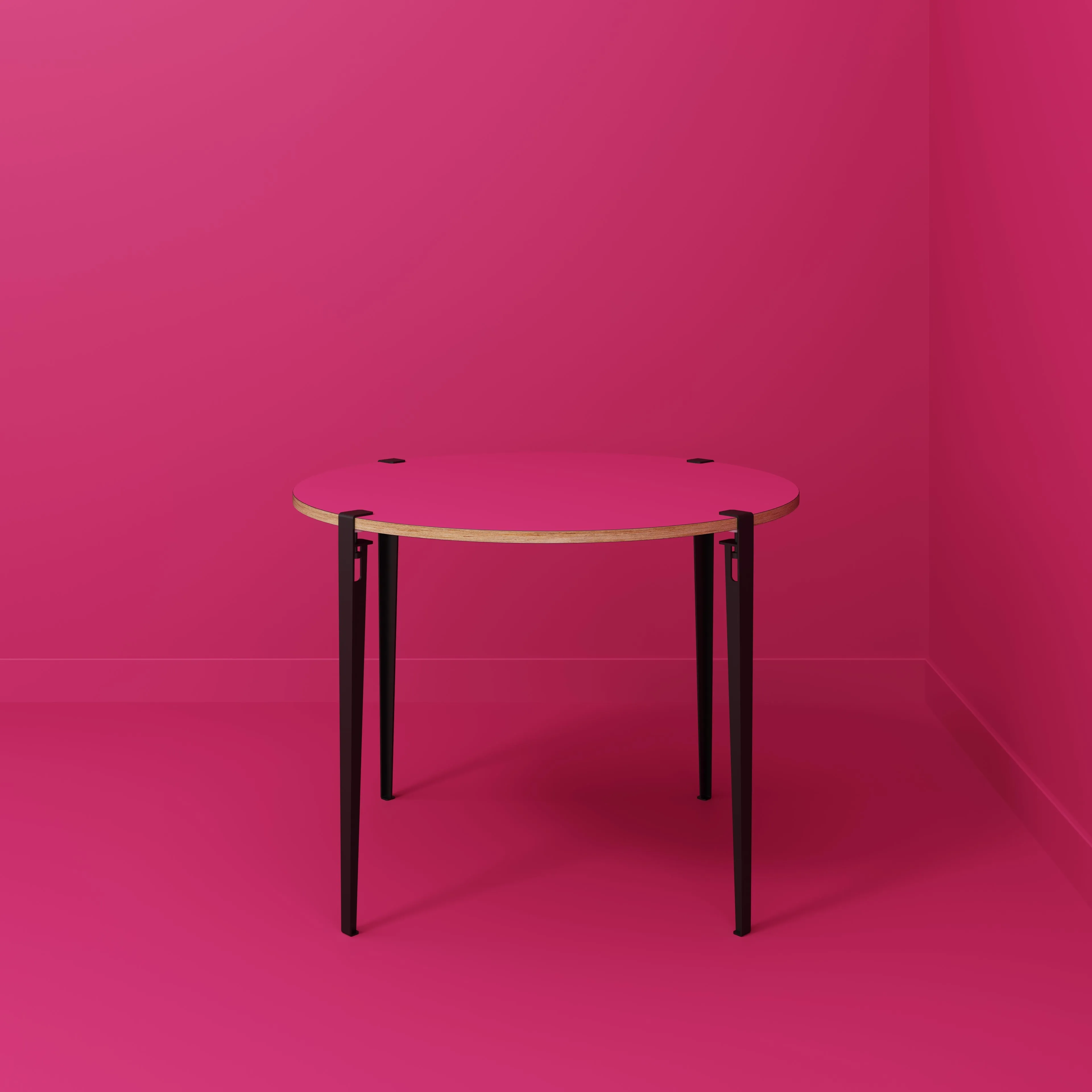 Plywood Round Table with Black Tiptoe Legs - Formica Juicy Pink - 1200(dia) x 900(h)