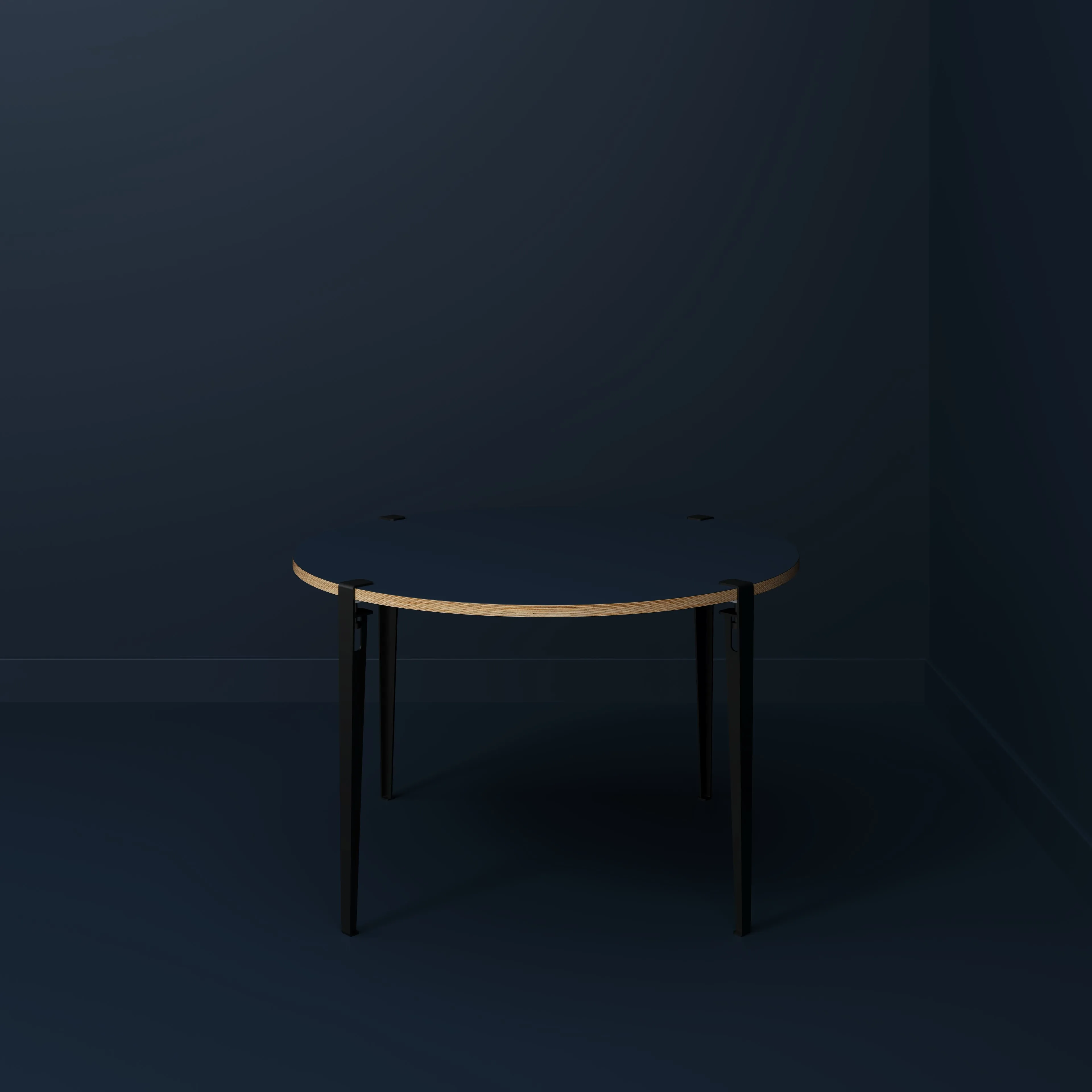 Plywood Round Table with Black Tiptoe Legs - Formica Night Sea Blue - 1200(dia) x 750(h)