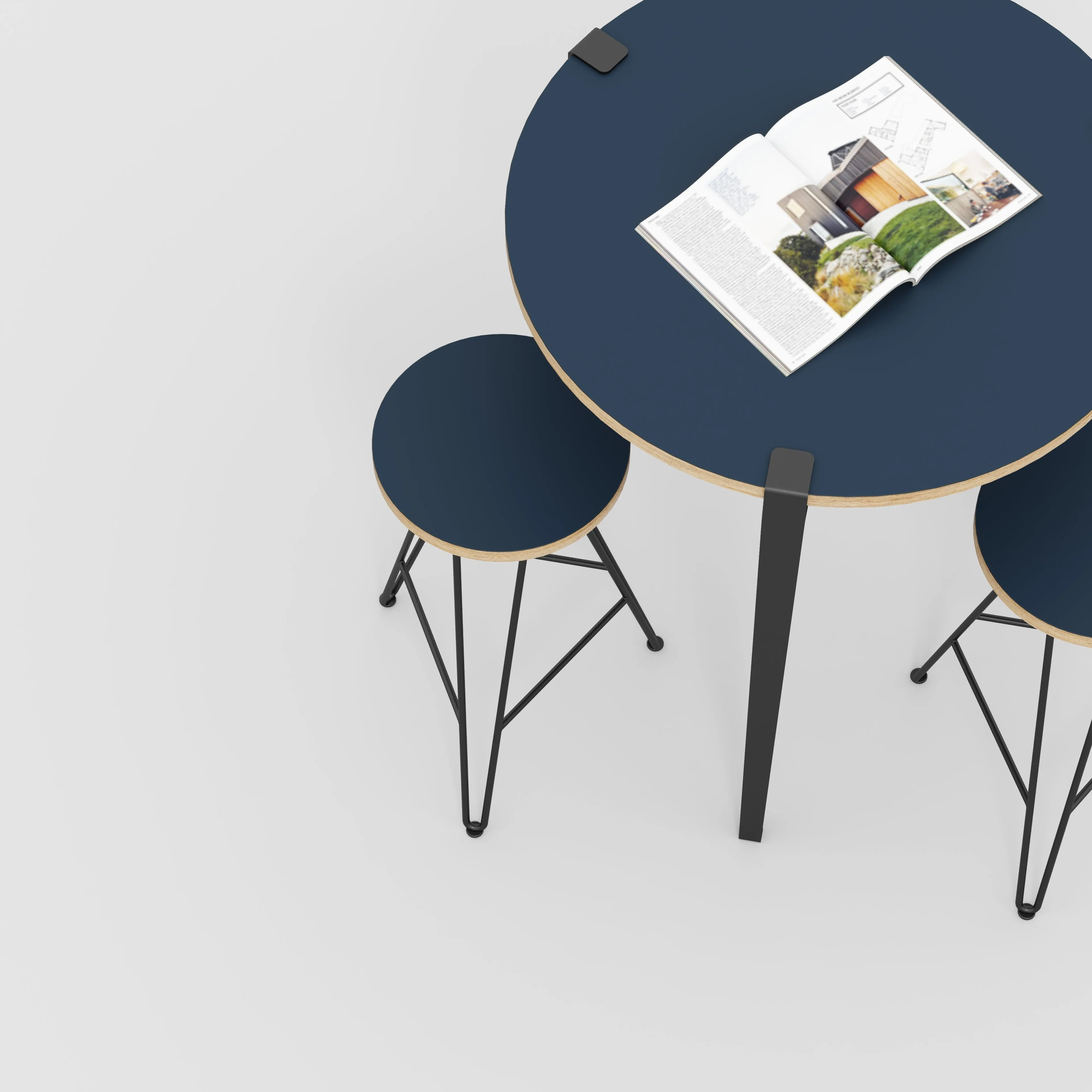 Plywood Round Table with Black Tiptoe Legs - Formica Night Sea Blue - 800(dia) x 900(h)