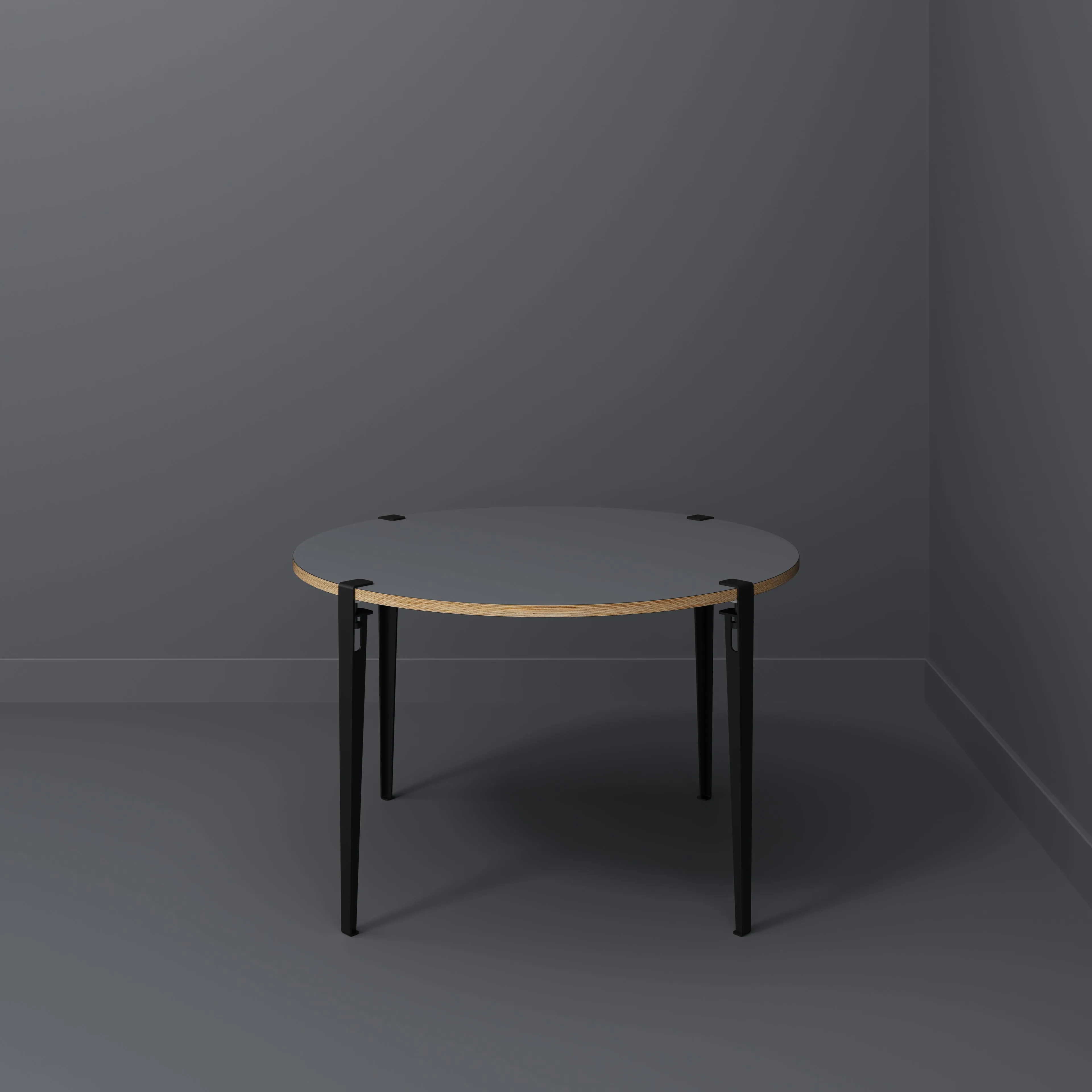 Plywood Round Table with Black Tiptoe Legs - Formica Tornado Grey - 1200(dia) x 750(h)