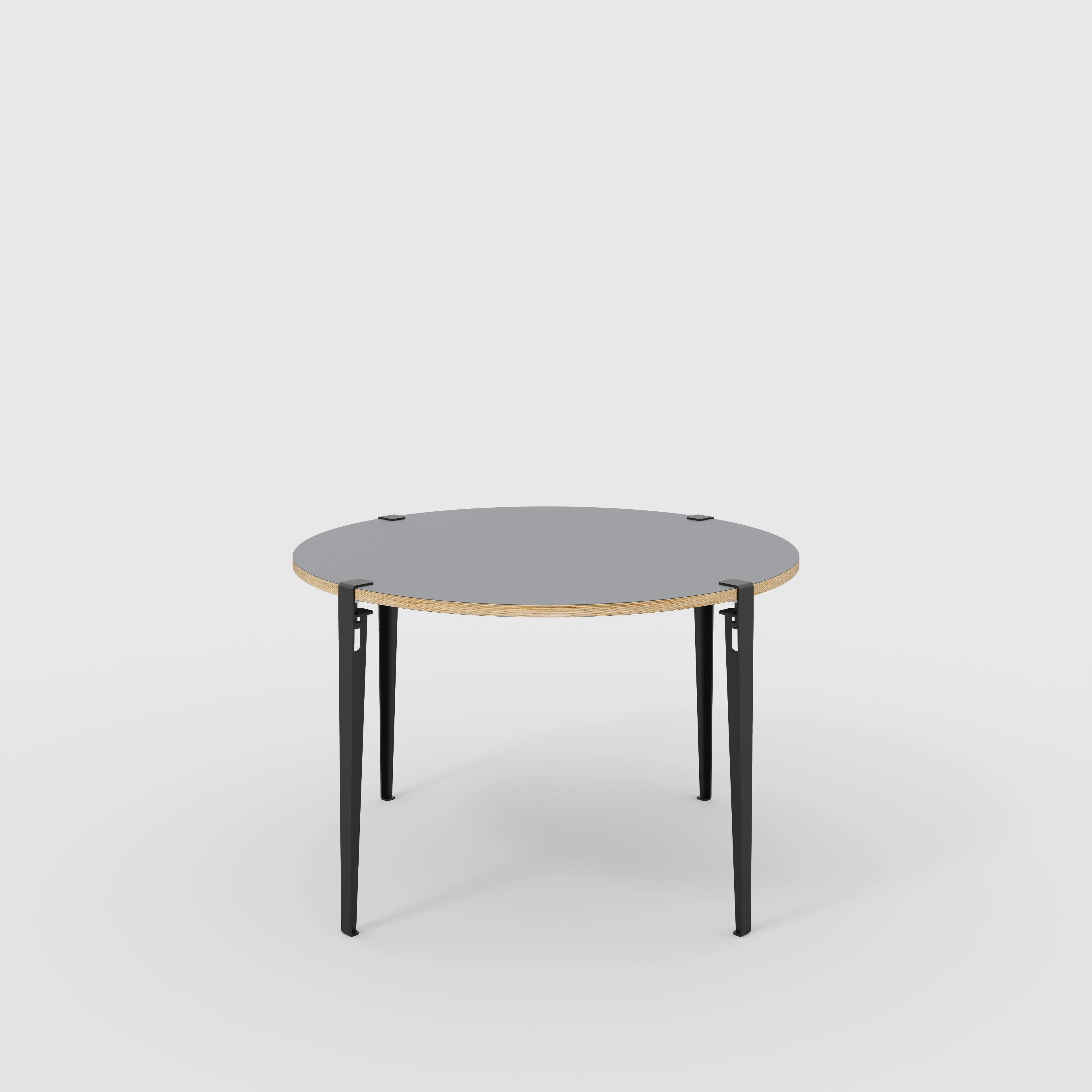 Plywood Round Table with Black Tiptoe Legs - Formica Tornado Grey - 1200(dia) x 750(h)