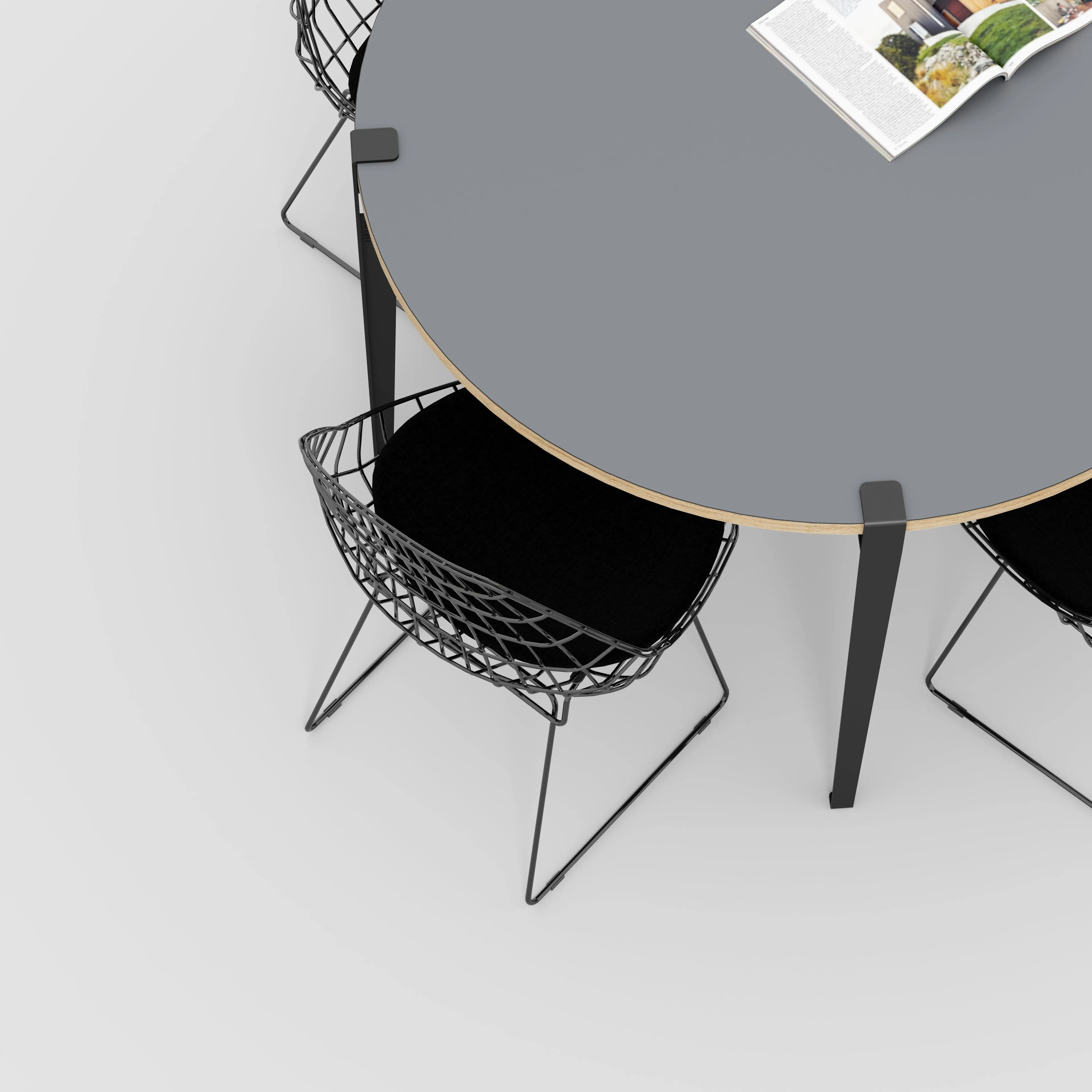 Plywood Round Table with Black Tiptoe Legs - Formica Tornado Grey - 1200(dia) x 750(h)