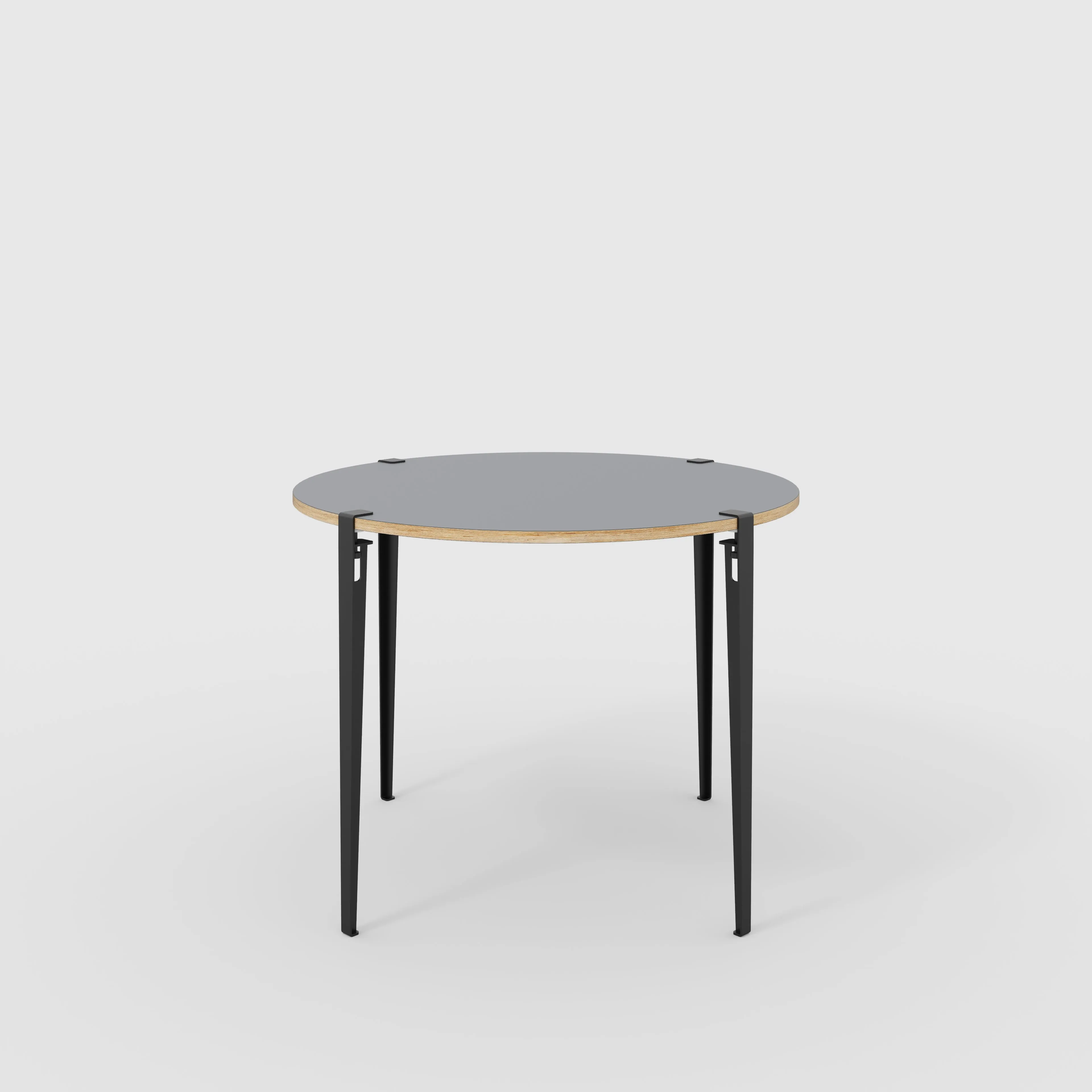 Plywood Round Table with Black Tiptoe Legs - Formica Tornado Grey - 1200(dia) x 900(h)