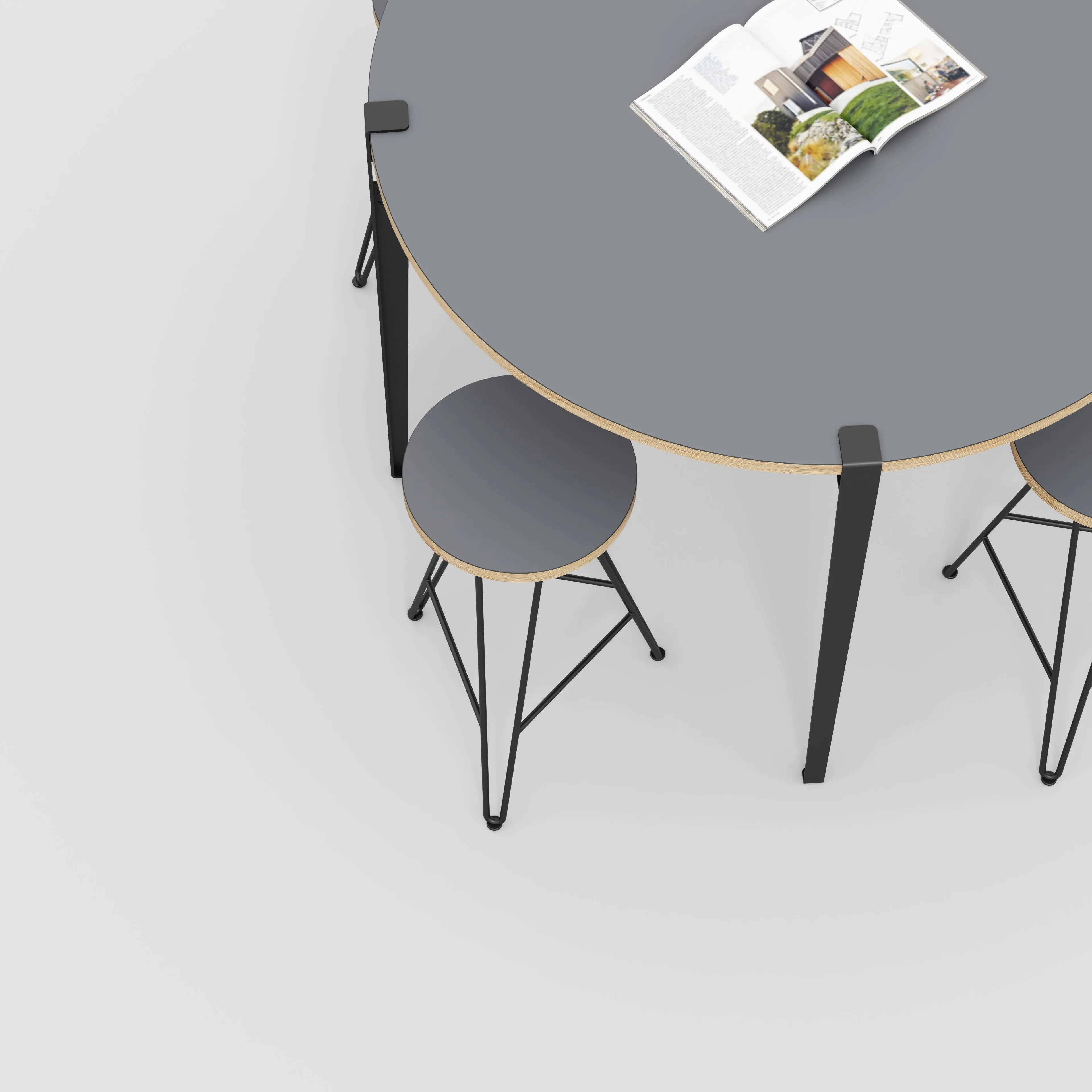 Plywood Round Table with Black Tiptoe Legs - Formica Tornado Grey - 1200(dia) x 900(h)