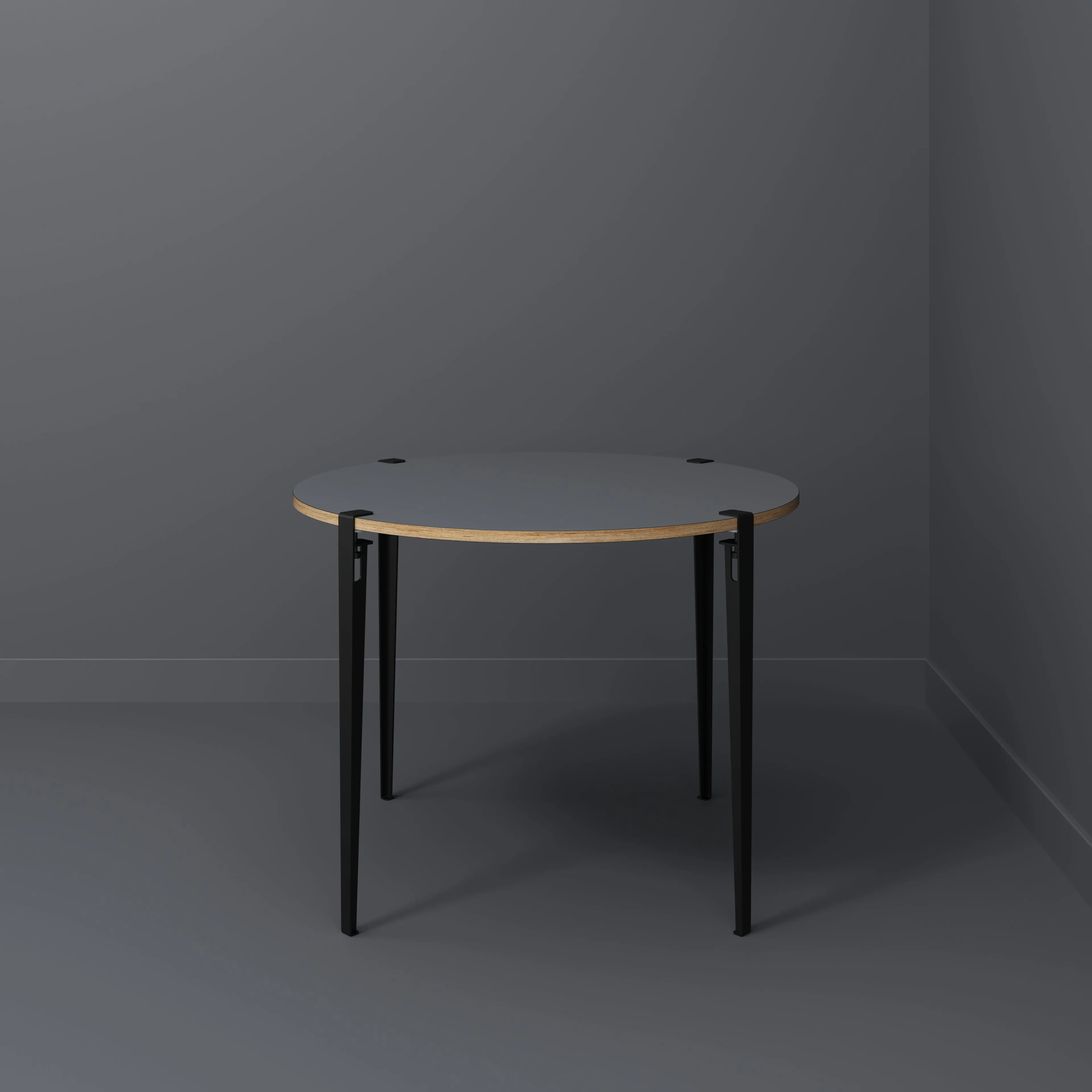 Plywood Round Table with Black Tiptoe Legs - Formica Tornado Grey - 1200(dia) x 900(h)