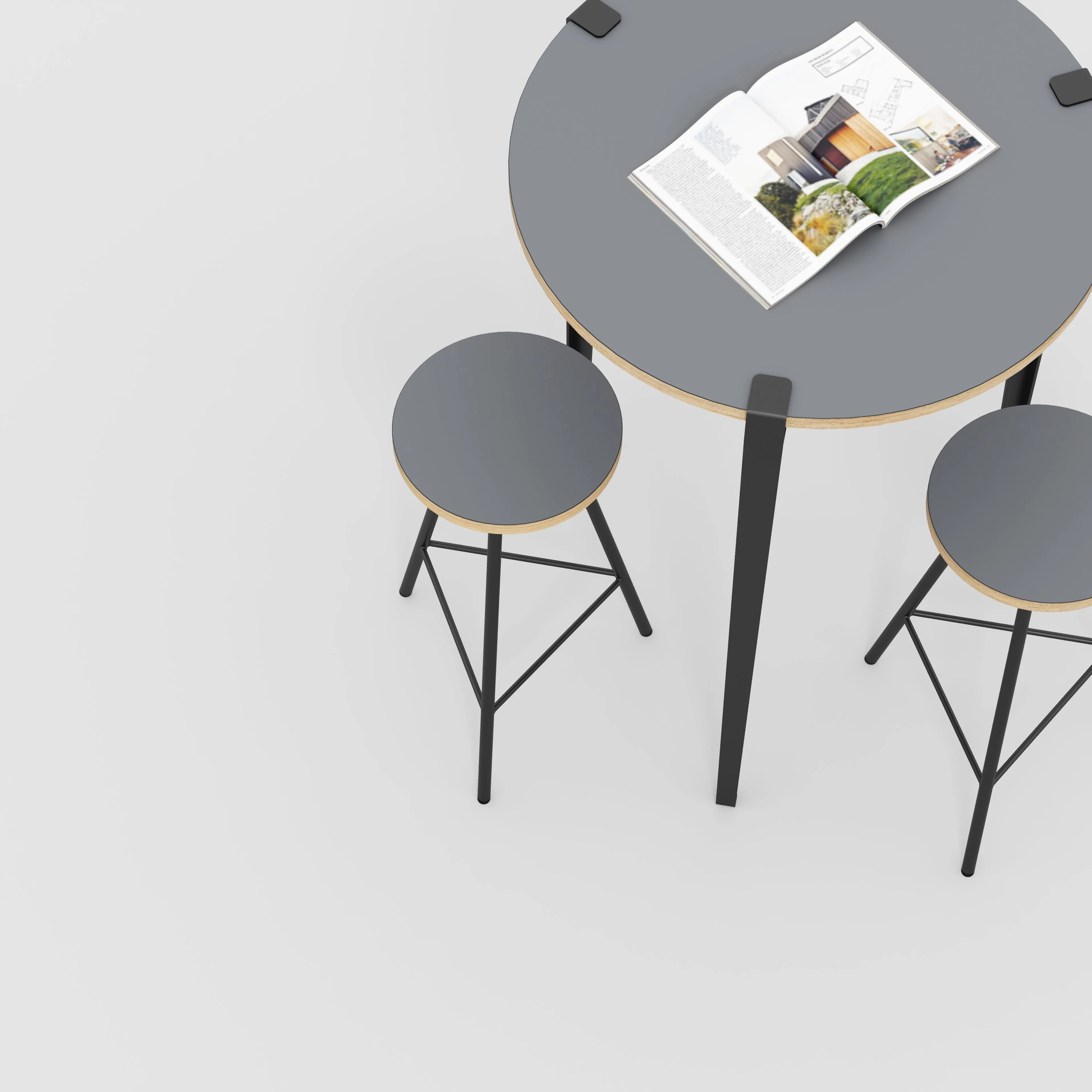 Plywood Round Table with Black Tiptoe Legs - Formica Tornado Grey - 800(dia) x 1100(h)