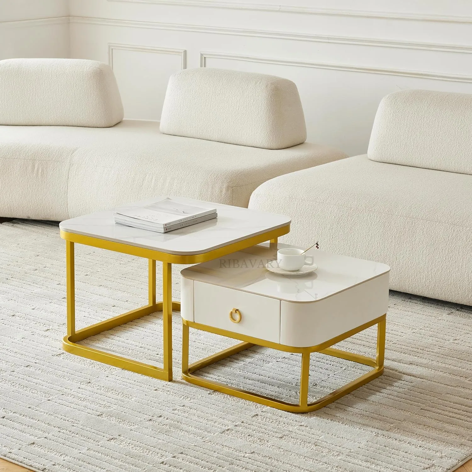 RIBAVARY® Coffee Table Set of 2, Modern Square Stacking Coffee Tables with Drawer, Metal Frame Center Table for Living Room, Apartment (Golden - White, Square Shaped)