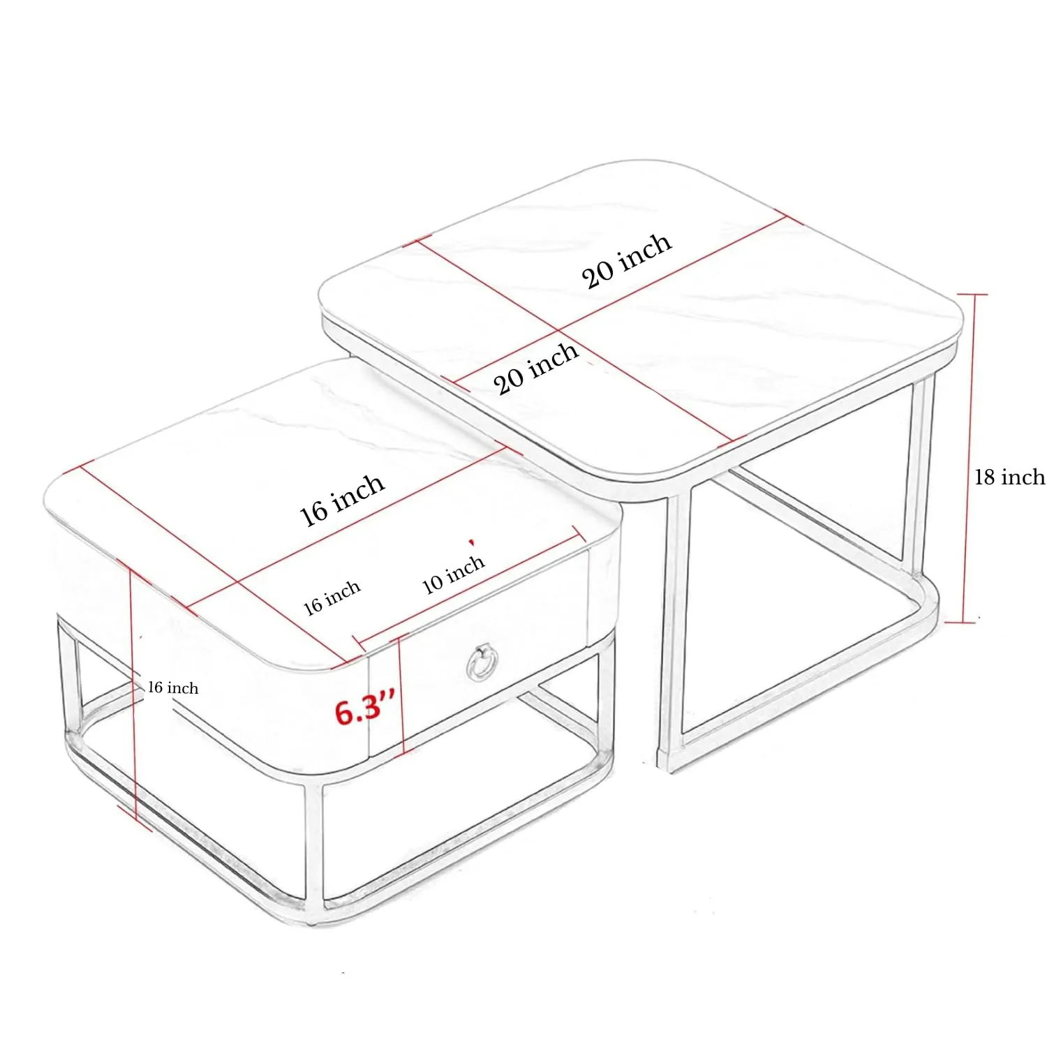 RIBAVARY® Coffee Table Set of 2, Modern Square Stacking Coffee Tables with Drawer, Metal Frame Center Table for Living Room, Apartment (Golden - White, Square Shaped)