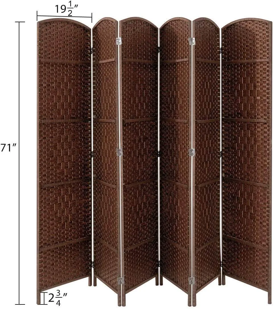 Room Divider,6 FT Tall Weave Fiber Room Divider,Double Hinged, 6 Panel Room Divider & Folding Privacy Screens, Freestanding Brown Room Dividers