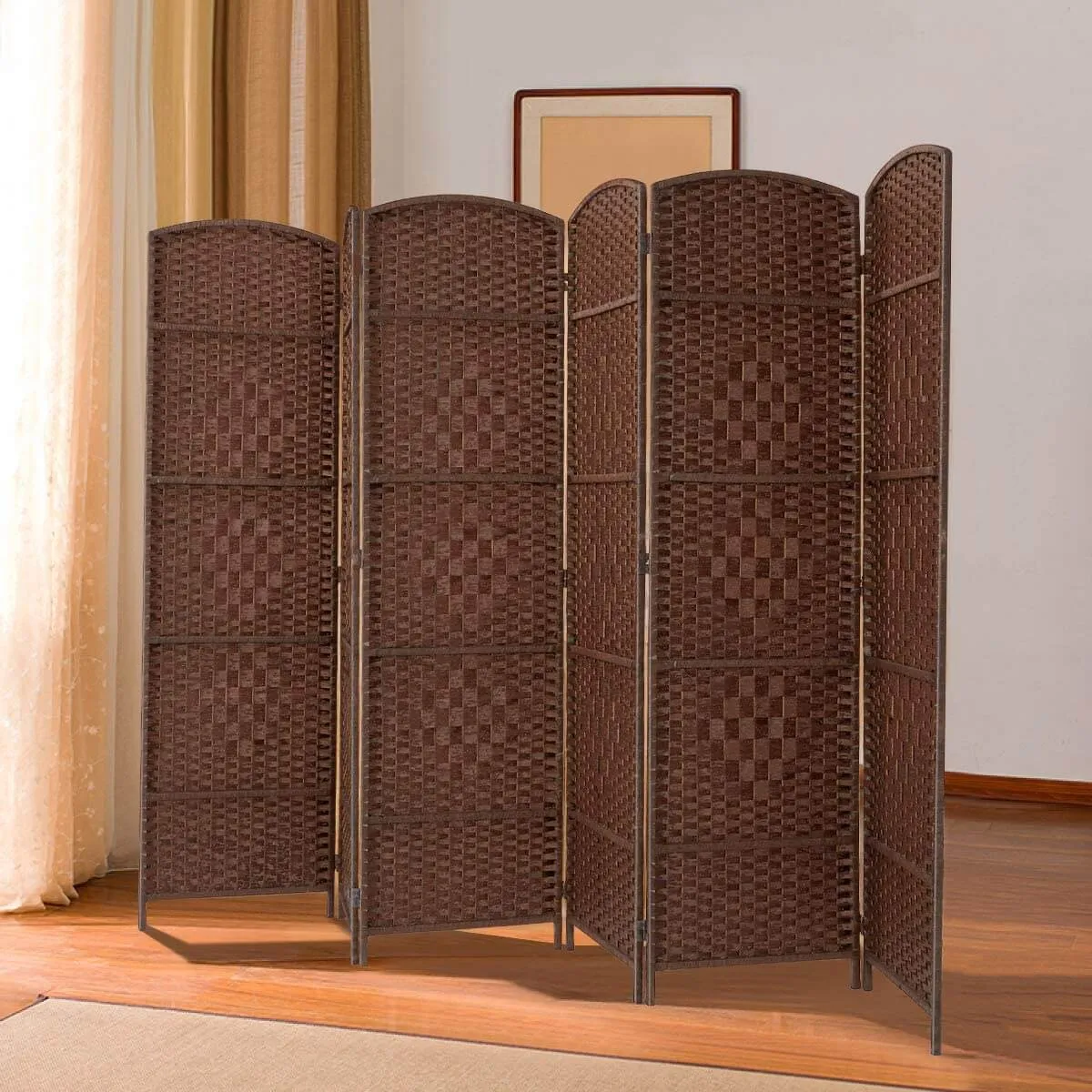 Room Divider,6 FT Tall Weave Fiber Room Divider,Double Hinged, 6 Panel Room Divider & Folding Privacy Screens, Freestanding Brown Room Dividers