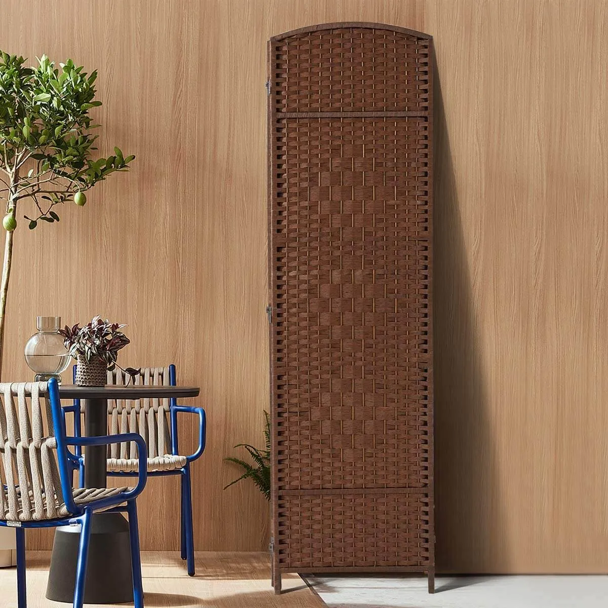 Room Divider,6 FT Tall Weave Fiber Room Divider,Double Hinged, 6 Panel Room Divider & Folding Privacy Screens, Freestanding Brown Room Dividers