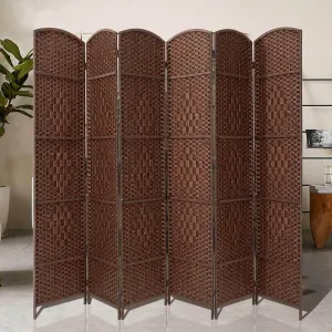 Room Divider,6 FT Tall Weave Fiber Room Divider,Double Hinged, 6 Panel Room Divider & Folding Privacy Screens, Freestanding Brown Room Dividers