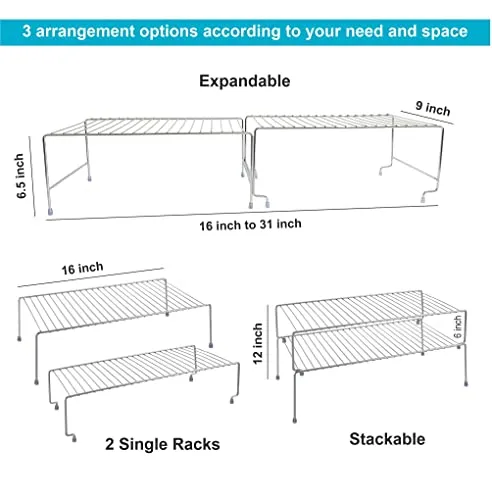 SmartSlide 2 Shelves Stainless Steel Cabinet Shelf (16 to 31 Inch), Expandable & Stackable Counter Spice Racks, Multifunctional Storage Racks for Kitchen, Bathroom, Cupboard & Pantry