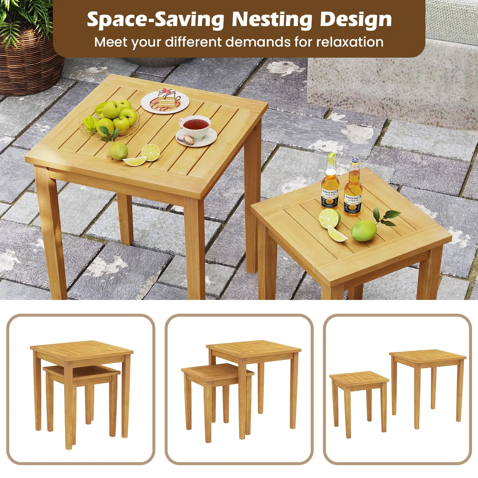 Tangkula 2 Pieces Patio Nesting Table, Teak Wood Outdoor Space Saving Design Square End Table for Poolside, Lawn, Garden, Balcony (Natural)