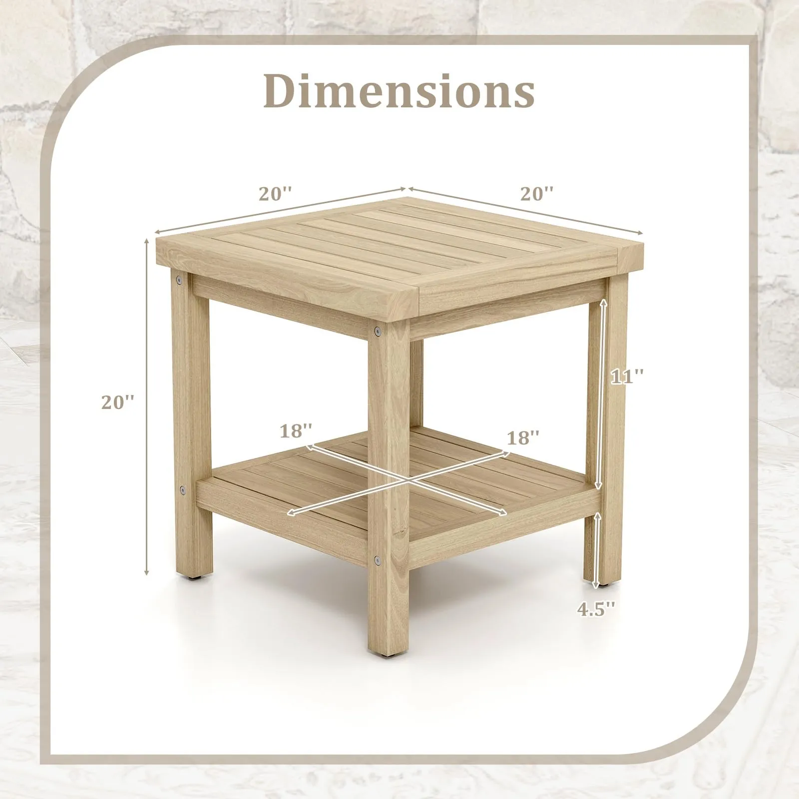 Tangkula 2-Tier Outdoor Side Table, Teak Wood End Table with Storage Shelf, Square Patio Snack Table