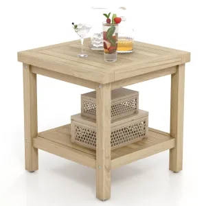 Tangkula 2-Tier Outdoor Side Table, Teak Wood End Table with Storage Shelf, Square Patio Snack Table